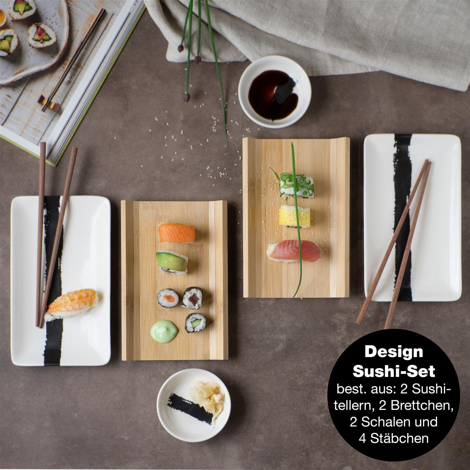 Moritz & Moritz Tafelservice Sushi Set 10tlg Pinselstrich Schwarz (8-tlg), 2 Personen, Geschirrset für 2 Personen
