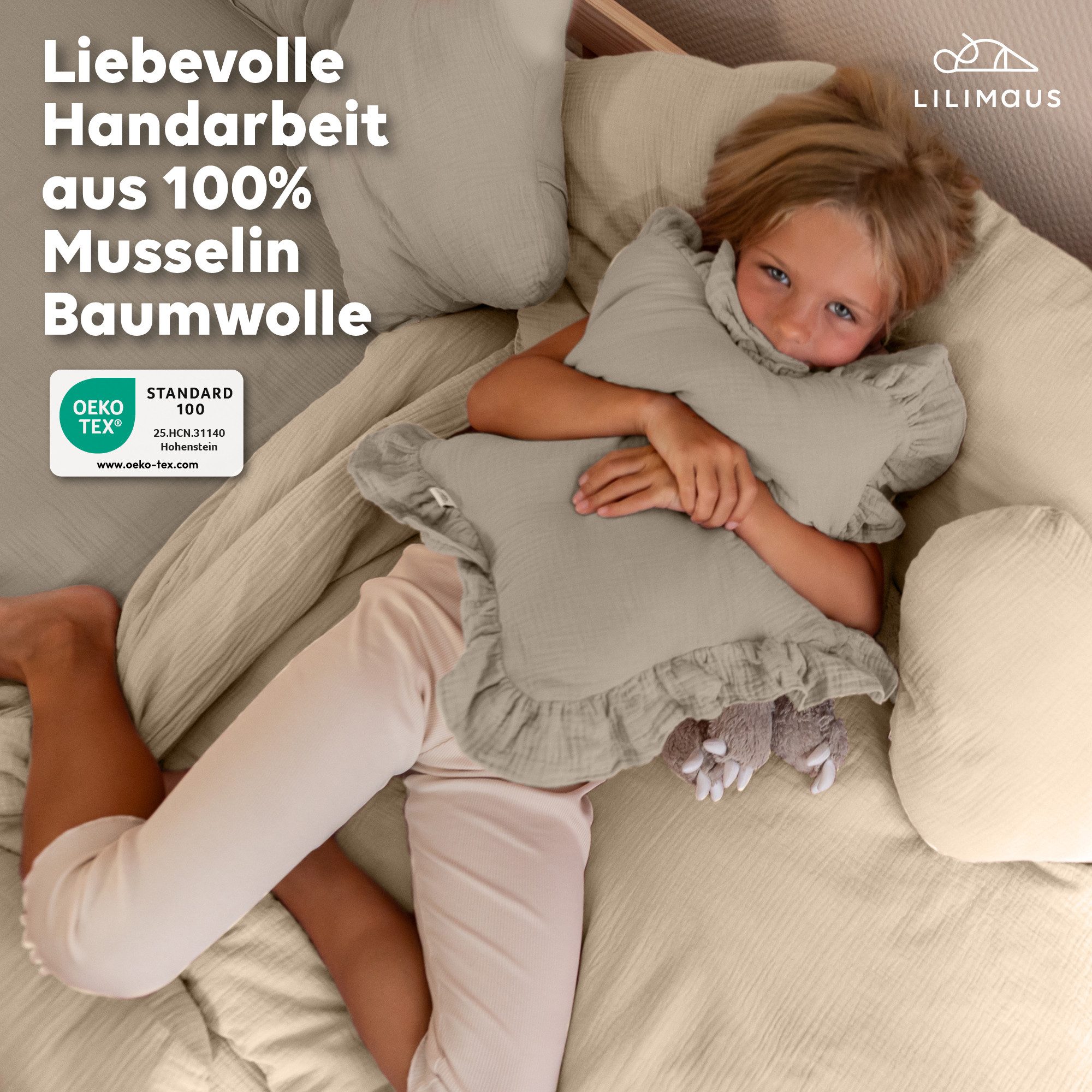lilimaus Dekokissen Kuschelkissen Herz & Stern aus Musselin fürs Kinderzimmer, Kuschelkissen mit oder ohne Flatter - passend zu unserer Bettwäsche