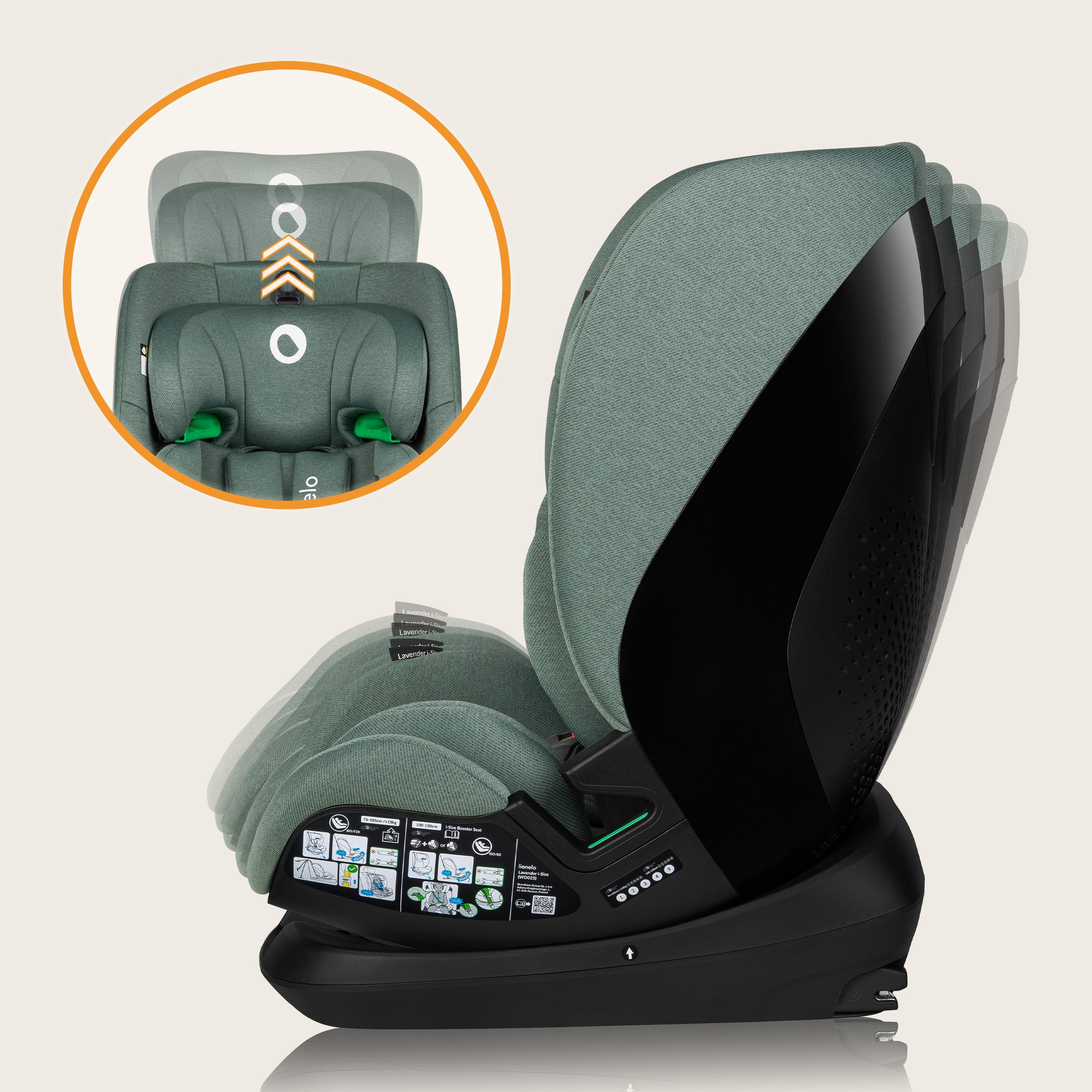 lionelo Autokindersitz LAVENDER I-SIZE, ab: ab 1 Jahr, bis: bis 12 Jahren, ab: 76,00 cm, bis: 150,00 cm, (Set), i-Size/9-36kg/ISOFIX/Breiter Einstellbereich