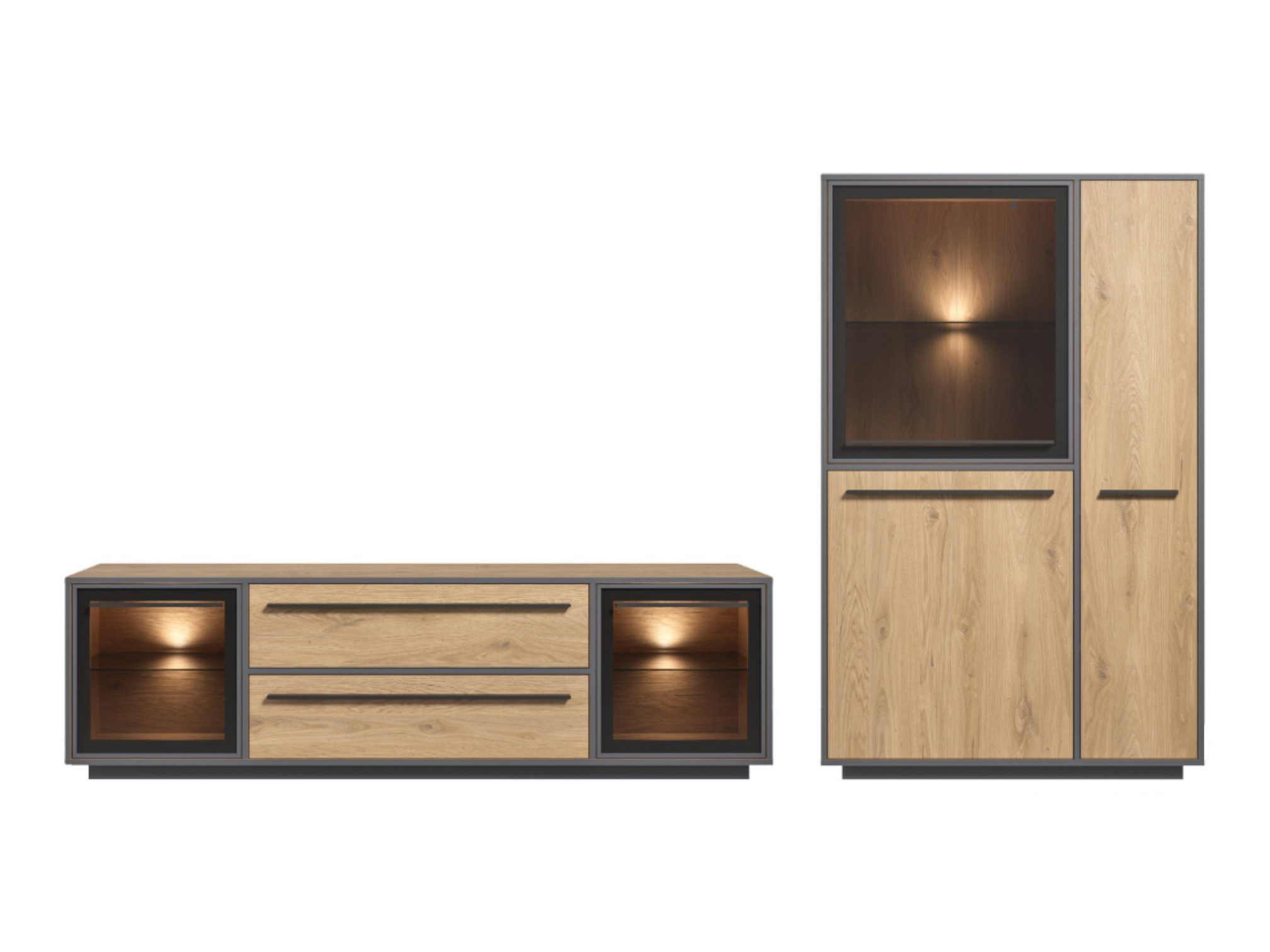 moebel-dich-auf Wohnwand NARDO, (Wildeiche / Absetzung: Anthrazit, Verschiedene Board-Sets), Braunglas, Softclose, inkl. LED-Beleuchtung