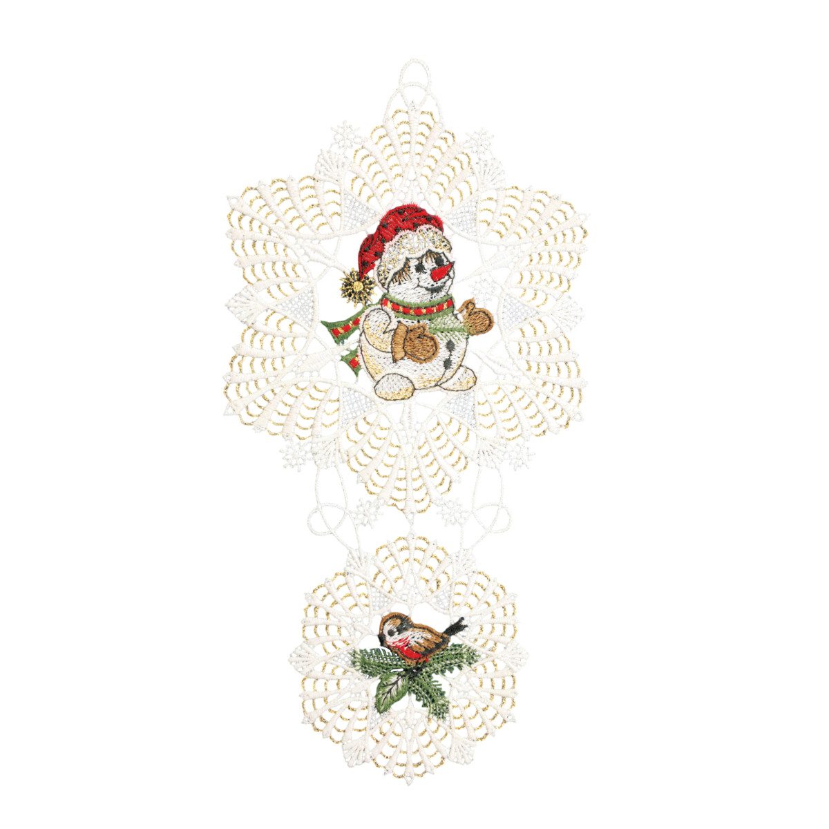 W. Reuter & Sohn - Plauener Spitze® Fensterbild Fensterbild „Schneemann in Schneeflocke“, 16 x 29 cm, Plauener Spitze