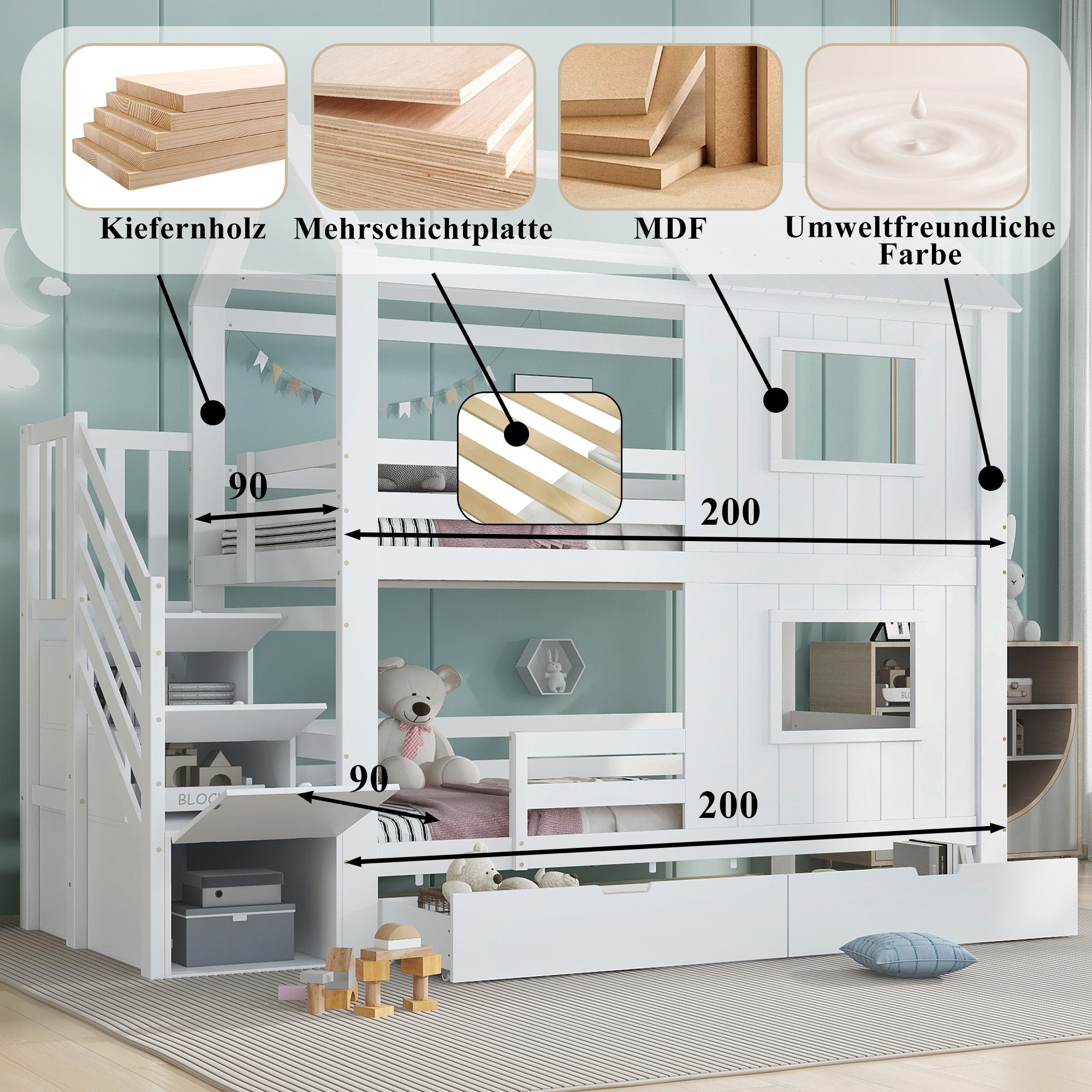 Odikalo Bunk Bed 90x200 Children's Bed with Storage & All-Around Fall Protection (Children's Bed, Staircase Wardrobe with Shelves, Storage Drawer with Wheels, Attractive Windows and Roof, Sturdy Slatted Bases, Pine + MDF + Plywood, White, 90x200cm)
