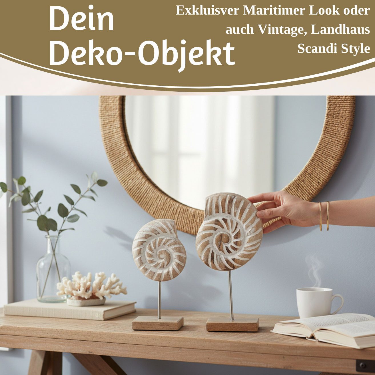 LS-LebenStil Skulptur Deko Objekt Set 2 Muscheln Sylt Mango Holz Sockel Maritim 26/32cm (Aufsteller Muschel 26/32cm zum Hinstellen Shabby Grau Weiß Skulptur Figur Säule, Maritime Deko Meer Strand Nordsee Bad Wohnzimmer)