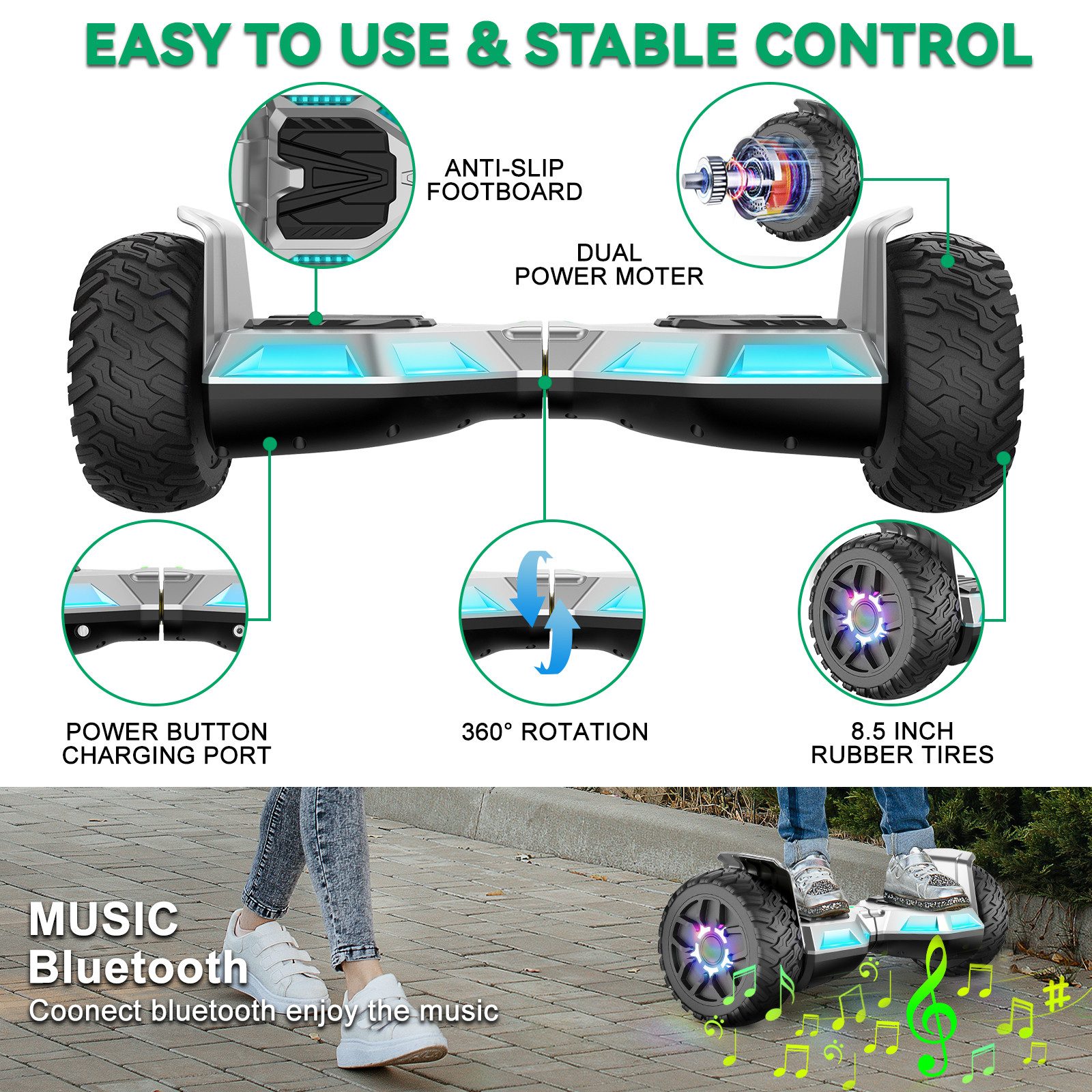 SISIGAD Balance Scooter Kart HY-B02 6,5 Zoll Dualmotorräder, Hoverboard mit kart,LED, Bluetooth, 10 km/h, Hoverboards mit Sitz&LED-Licht und Bluetooth,Geschenk für Kinder