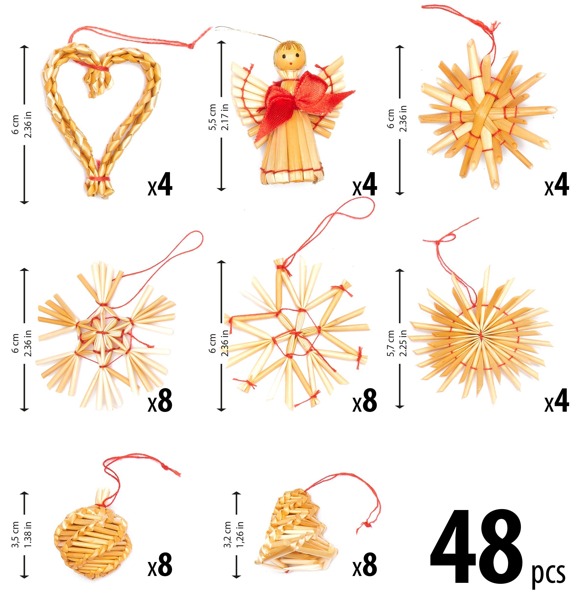 BRUBAKER Christbaumschmuck Weihnachtliches Strohsterne Set (48-tlg), bis zu 6,5 cm hohe Christbaumanhänger aus Stroh, handgefertigt