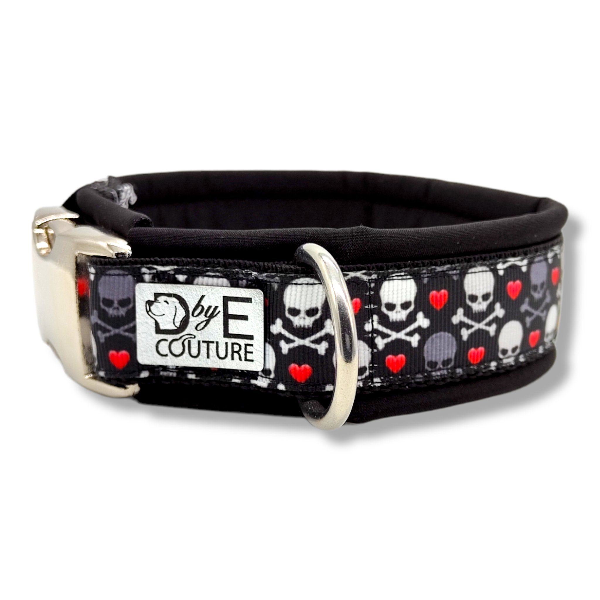 D by E Couture Hunde-Halsband "Skulls & Hearts IV", gepolstert, verstellbar, 30mm breit, Handmade