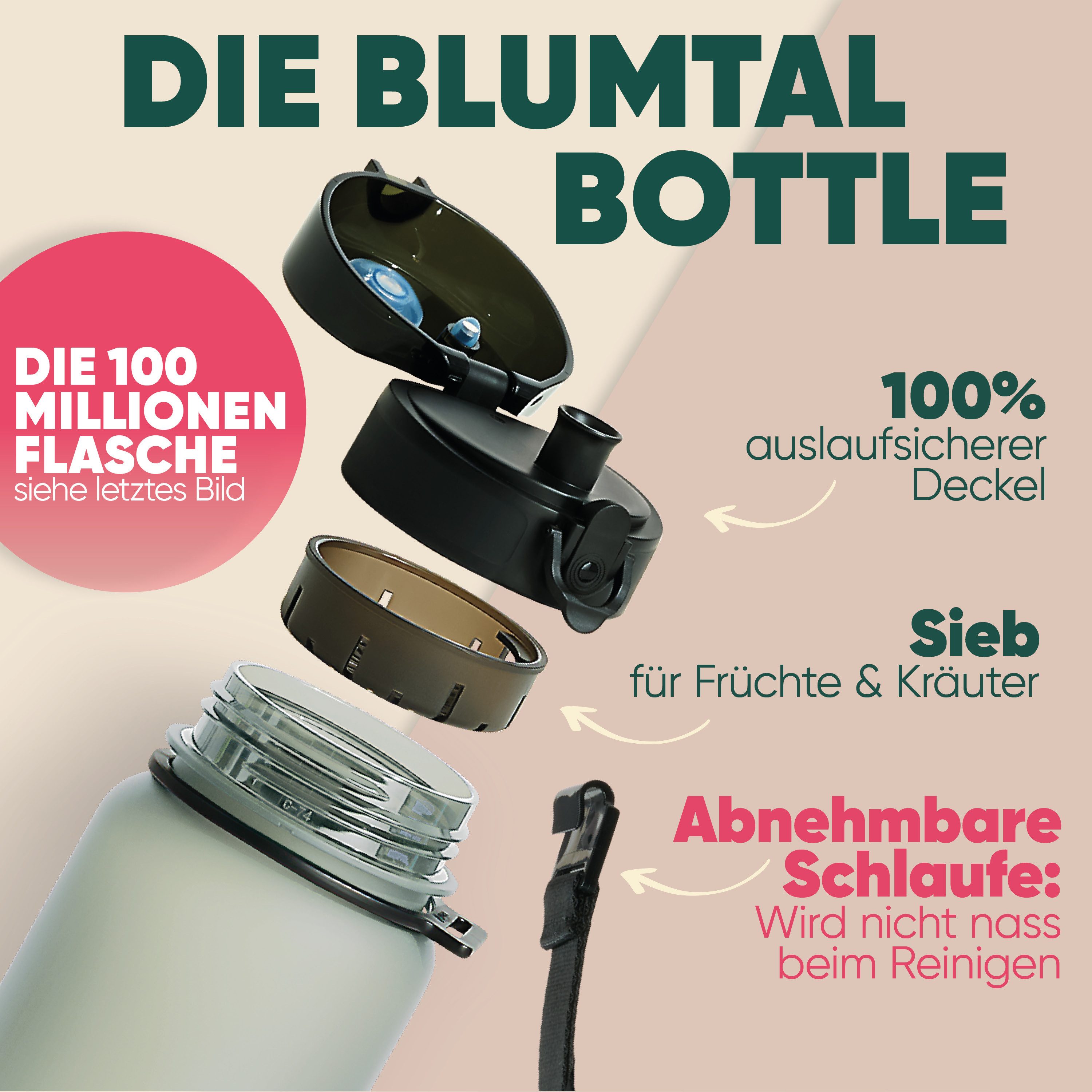 Blumtal Trinkflasche auslaufsichere Trinkflasche Sport + 1-Klick-Verschluss, BPA-freie Wasserflasche mit Sieb - spülmaschinenfest