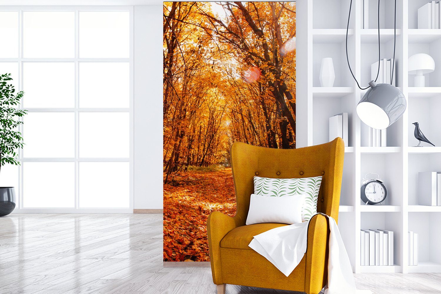 MuchoWow Fototapete Herbst - Wald (2 Matt, Laub für - Jahreszeiten, Wohnzimmer Fototapete Küche, Vliestapete Schlafzimmer - bedruckt, St)
