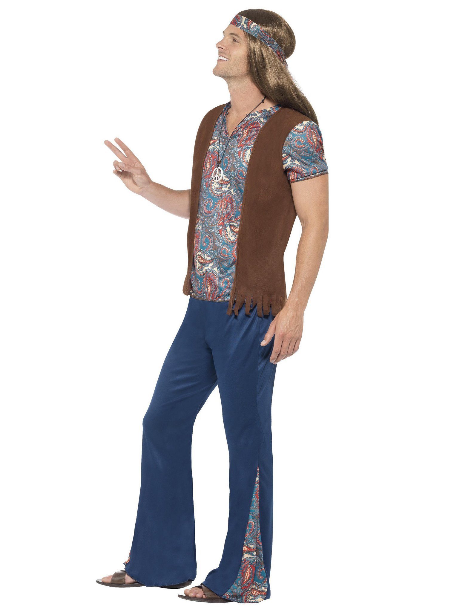 Smiffys Hippie-Kostüm Hippie Kostüm 4tlg Fasching Karnevalskostüm Herren, Schlaghose und Paisleymuster - die Standardausstattung der 70er