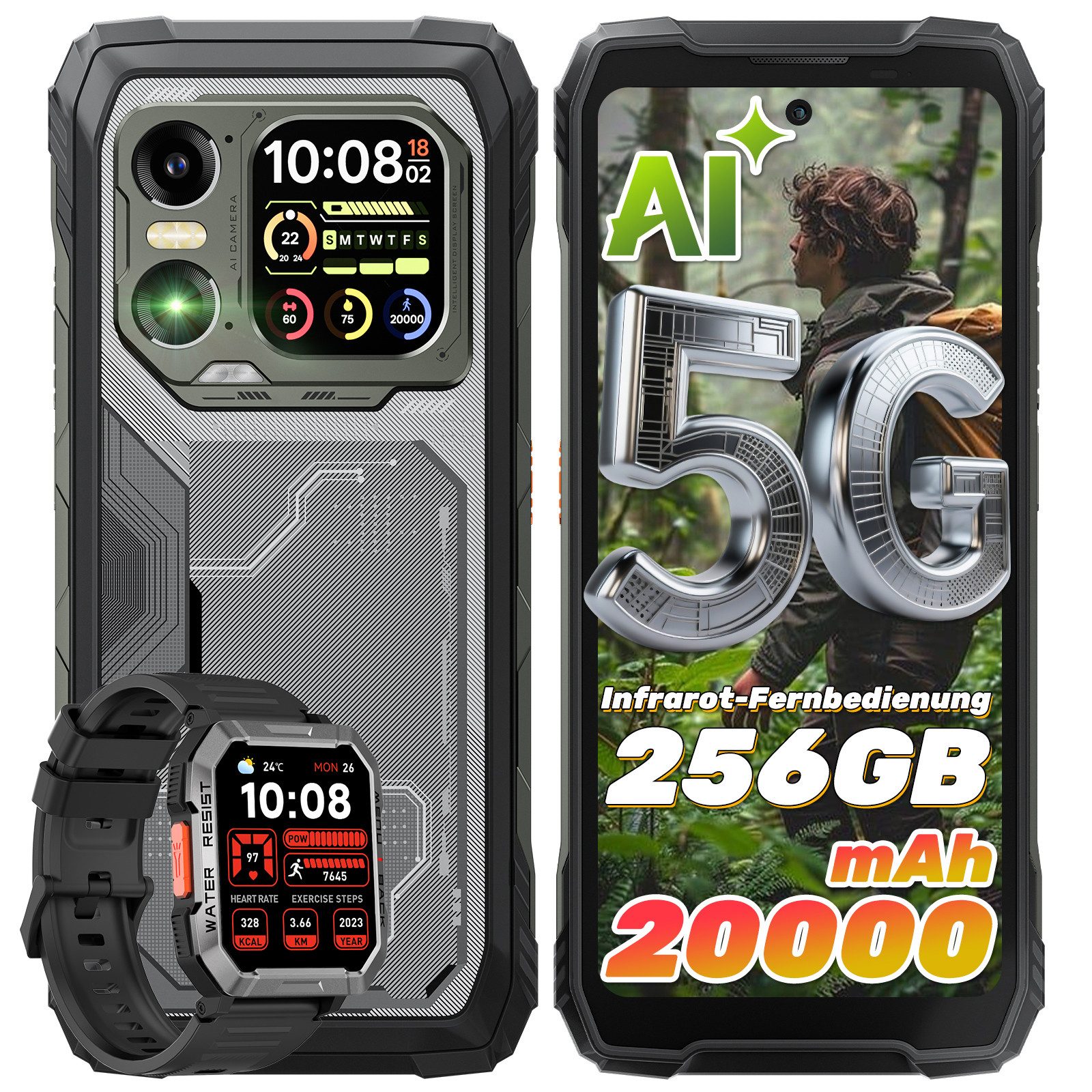 blackview XPLORE 1 5G incl.W60 Outdoor Smartphone (6,78 Zoll, 256 GB Speicherplatz, 64 MP Kamera, Dual-Screen, 1080*2460, 120Hz, 64MP+50MP+20MP Nachtsicht, 55W, 5W OTG)