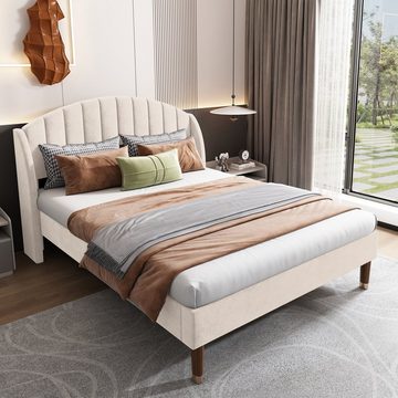 Fangqi Polsterbett 140/160*200cm Doppelbett mit Lattenrost und Kopfteil, Samt, grau/beige