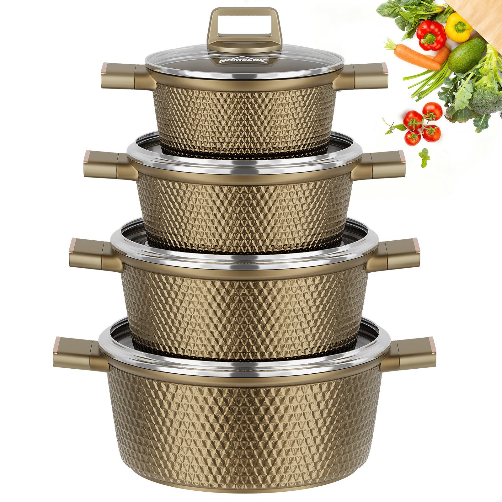 HOMELUX Topf-Set 8-tlg Kochtopf Set Induktions 20/24/28/32cm Töpfe Set mit Deckel, Aluminium (Kochtöpfe Induktions für Alle Herdarten), Induktion, Antihaft-beschichtung