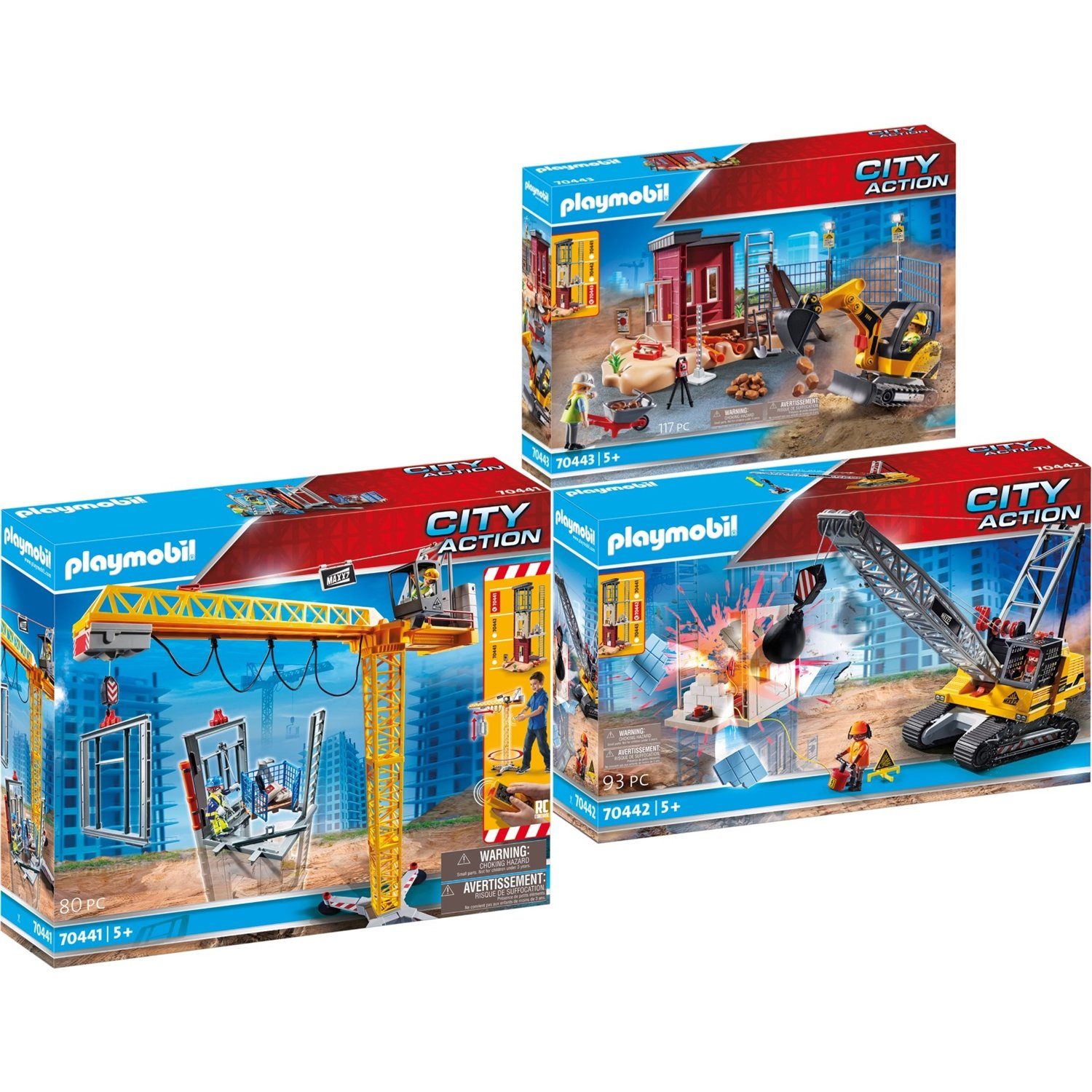 Playmobil® Spielbausteine »70441-42-43 City Action 3er Set RC-Baukran +  Seilbagger +«
