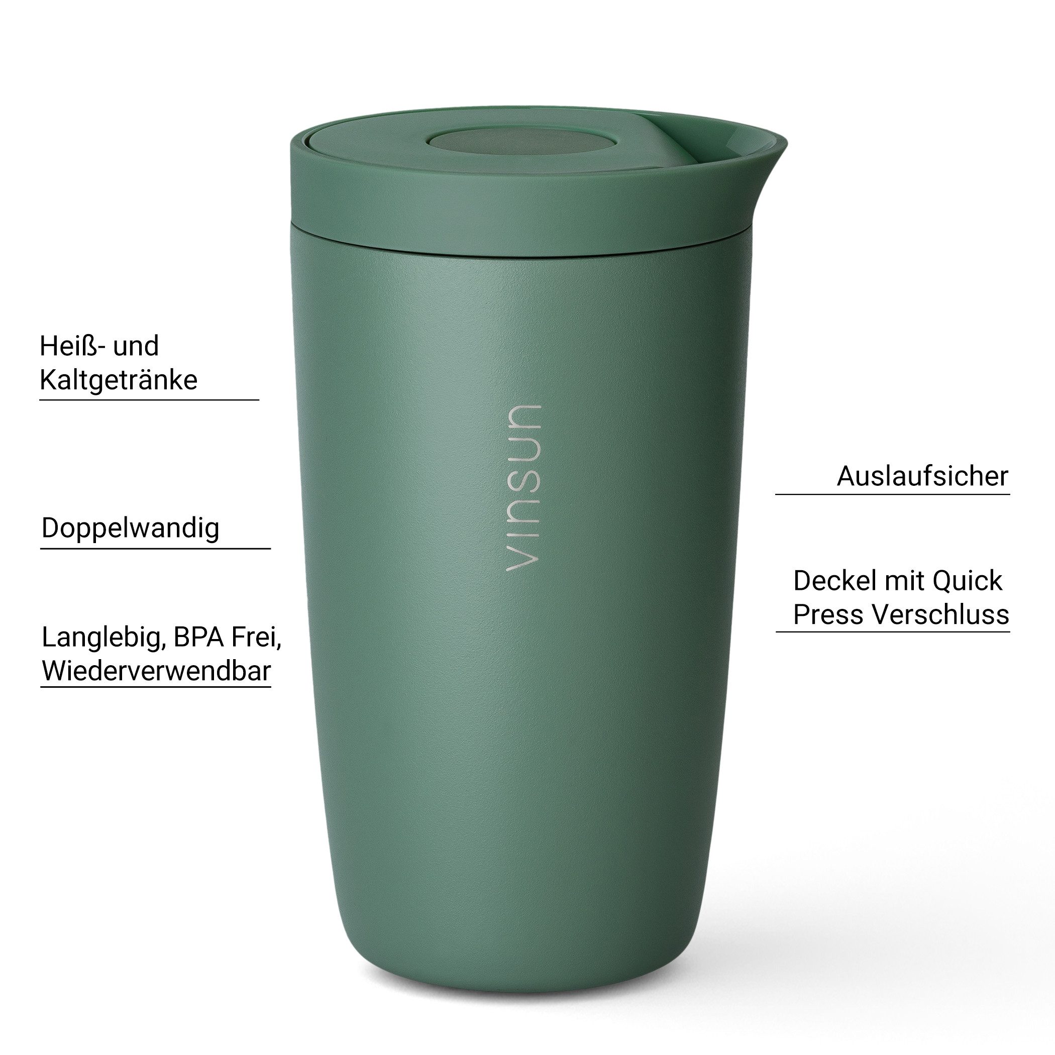 Vinsun Thermobecher Edelstahl Isolierbecher 350ml - Kaffeebecher to Go auslaufsicher, 2-tlg., Edelstahl, Doppelwandig, BPA frei, bruchfest, Einhandbedienung per Knopfdruck