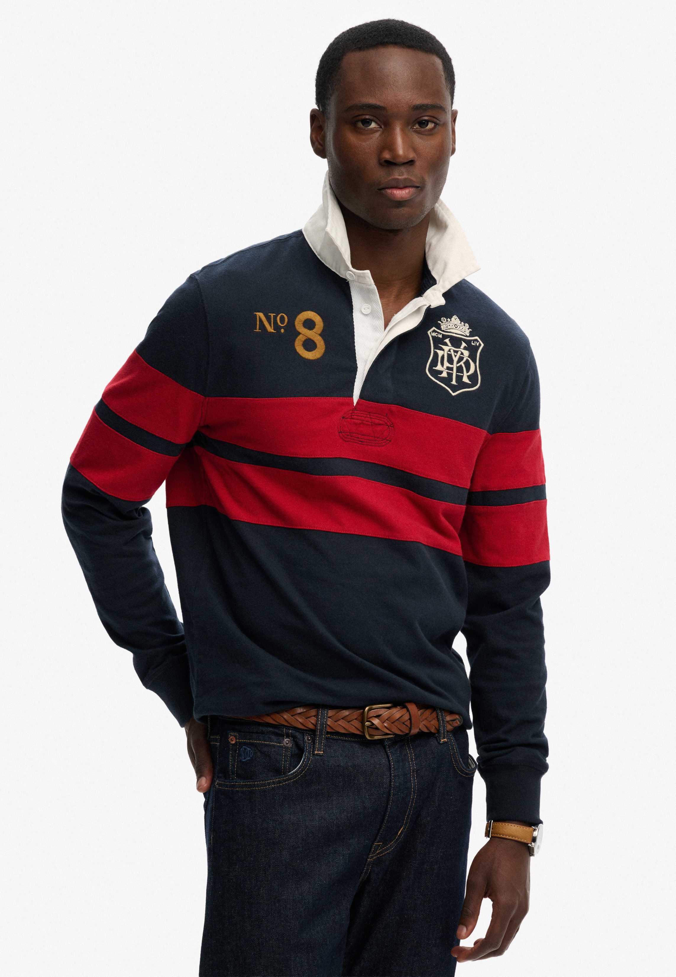 Superdry Langarmshirt DOUBLE EMBLEM STRIPE RUGBY aus Baumwolle und Single Jersey, Relaxed Fit, gestreifte Optik