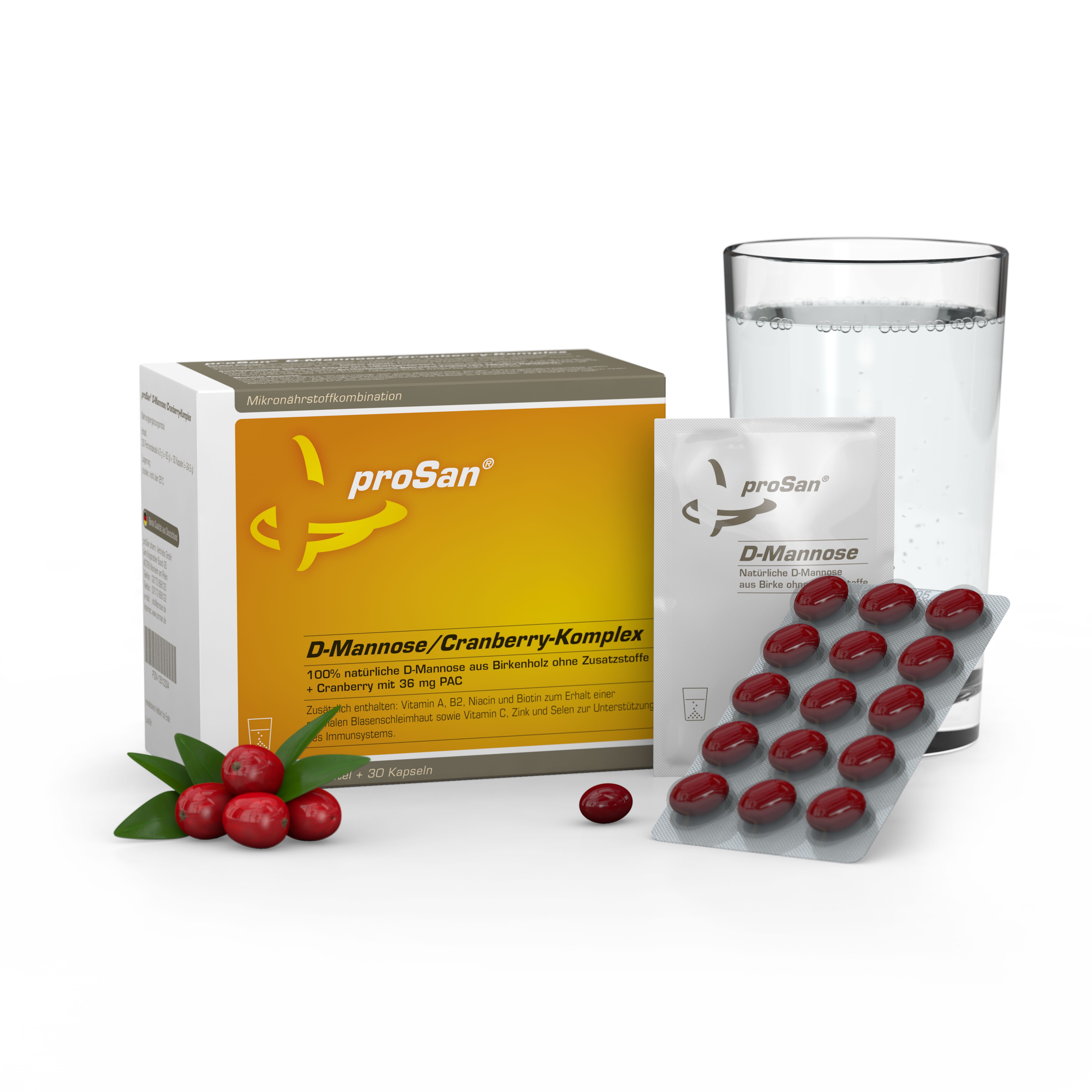 proSan D-Mannose/Cranberry-Komplex, D-Mannose-Pulver + Cranberry-Kapseln, Pulver und Kapseln, 60 St., 85 g