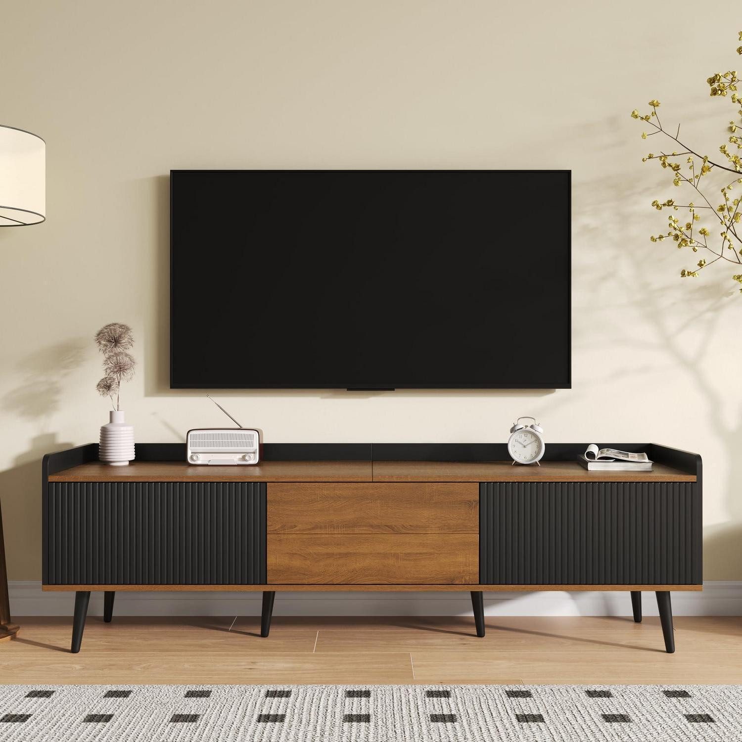 TV-Board TV Kommode Lowboard Wohnzimmer 3 Schwarz und Holzfarbe(160x39x49.5cm)