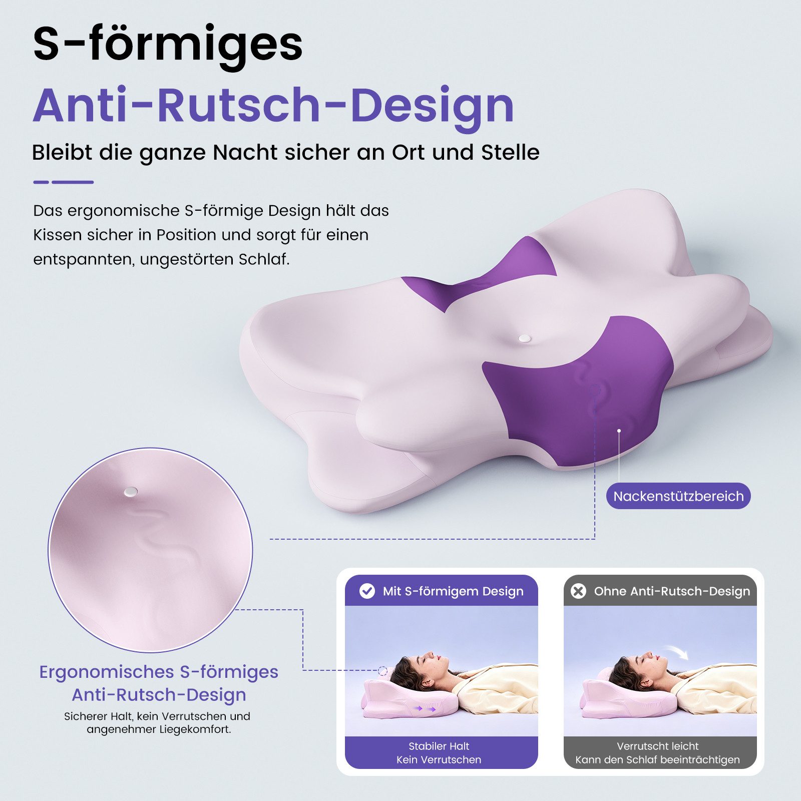 CHICASA Kopfkissen Nackenstützkissen aus 55D Memory Foam, HWS-stützend, abnehmbarer Bezug, Maße: 65 × 41 × 12/8 cm (zwei Höhen), 5-Zonen-Stützsystem, 100 % Memory-Schaum, Kühlendes Nackenstützkissen, 4D-Luftzirkulationsstruktur, Reisedesign