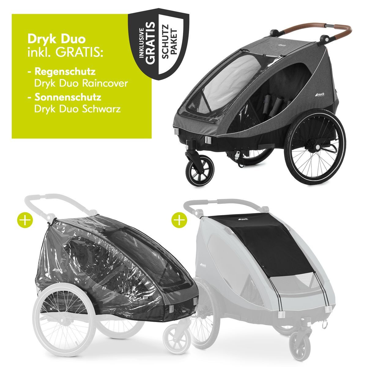 Hauck Fahrradkinderanhänger Dryk Duo - Melange Grey, Fahrradanhänger Buggy für 2 Kinder mit Regen-und Sonnenschutz