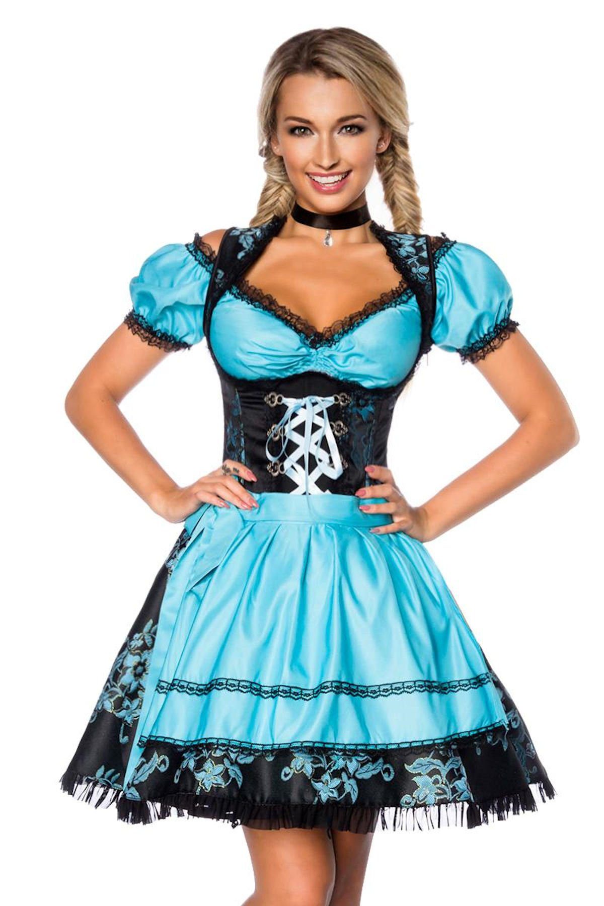 Dirndline Dirndl 3-tlg. Set: Premium Dirndl mit Bluse und Schürze blau schwarz Jacquard