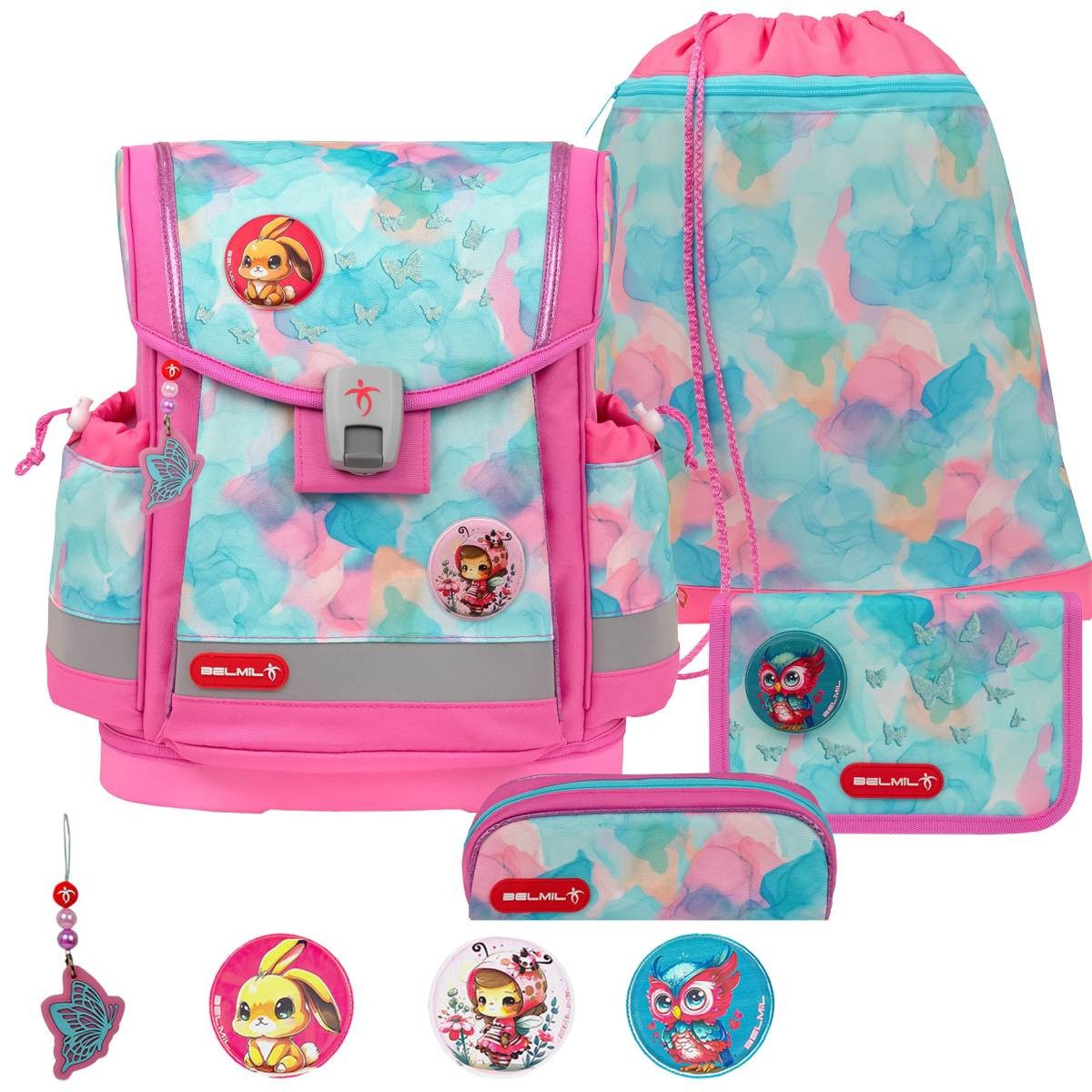 Belmil Schulranzen "Classy Plus" 2025 mit Magnetverschluss, 4tlg. Set ab 1. Klasse, Grundschule, für Mädchen "Aqua Rose"