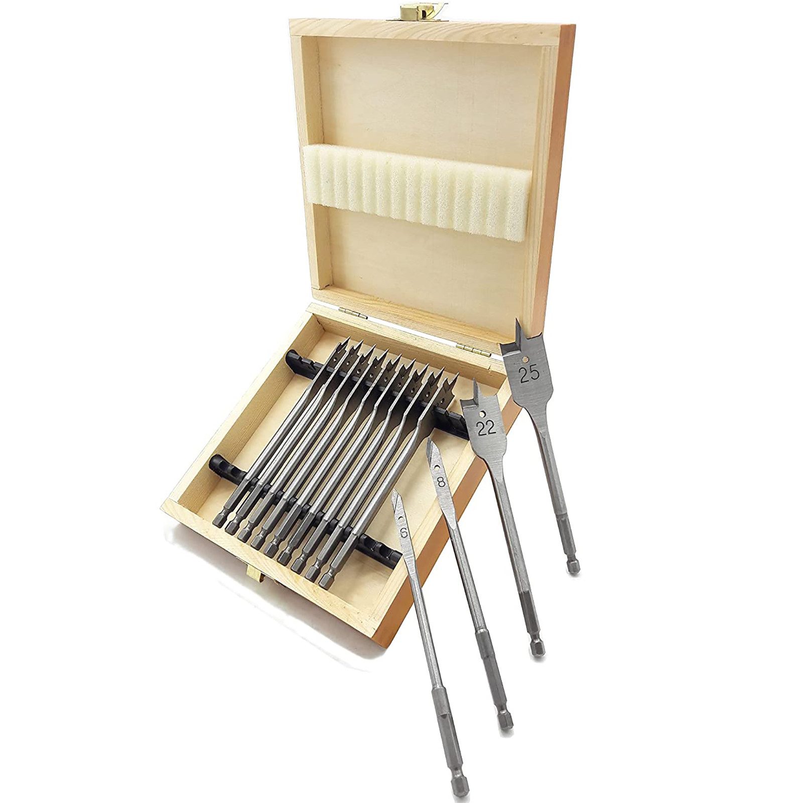 ECI Tools Universalbohrer Flachfräsbohrer Set 13 tlg. 6 - 25 mm im Holzkasten