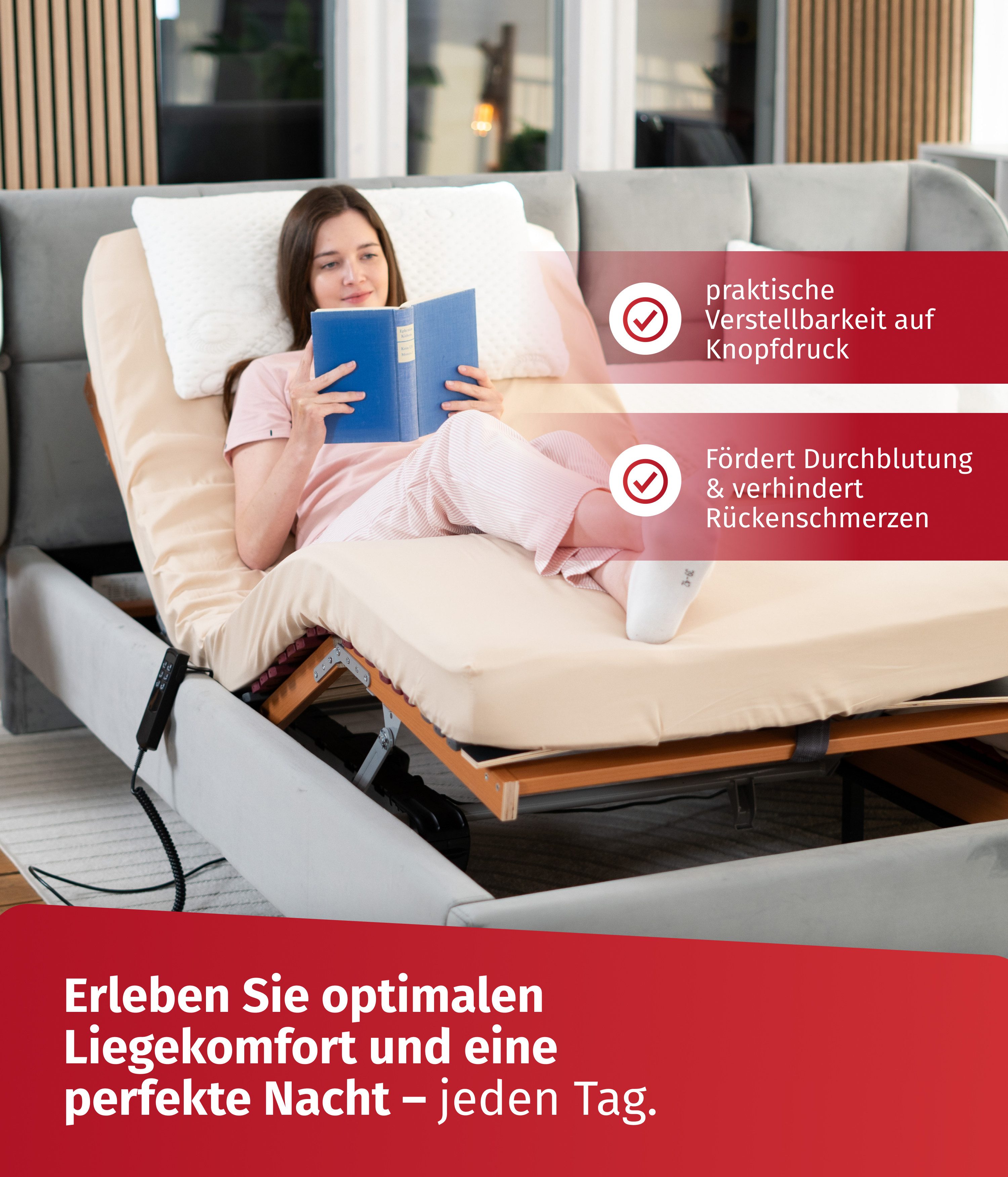 Lattenrost Rhodos EL, FMP Matratzenmanufaktur, Kopfteil motorisch verstellbar, Fußteil motorisch verstellbar, elektrisch verstellbarer 7 Zonen Lattenrost mit Notabsenkung