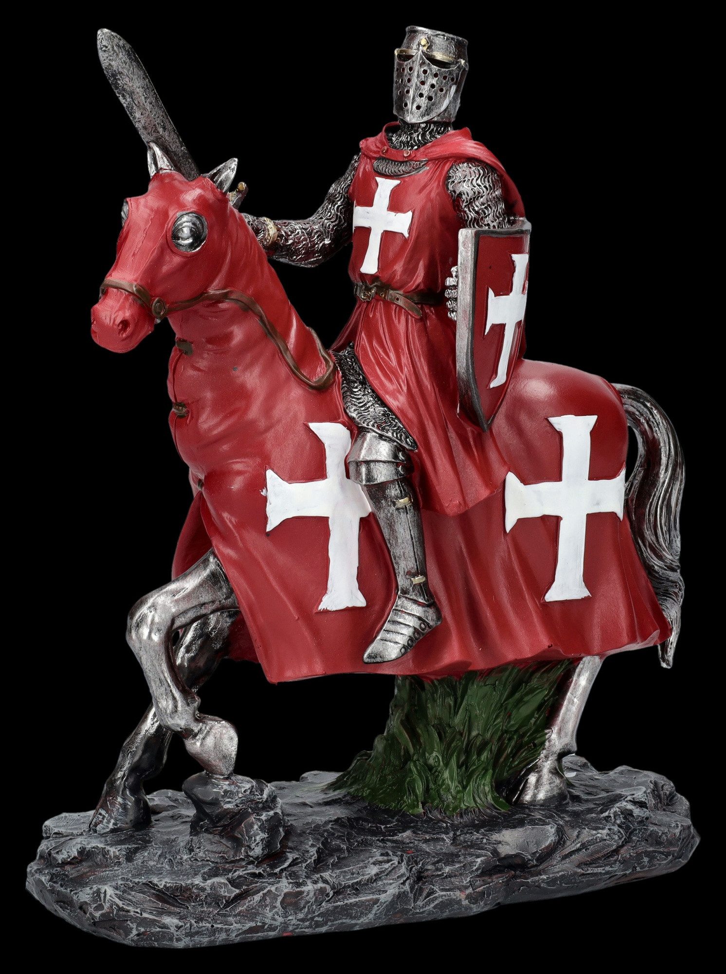 Figuren Shop GmbH Dekofigur Ritterfigur - Kreuzritter auf Pferd rot - Mittelalter Dekofigur Ritter
