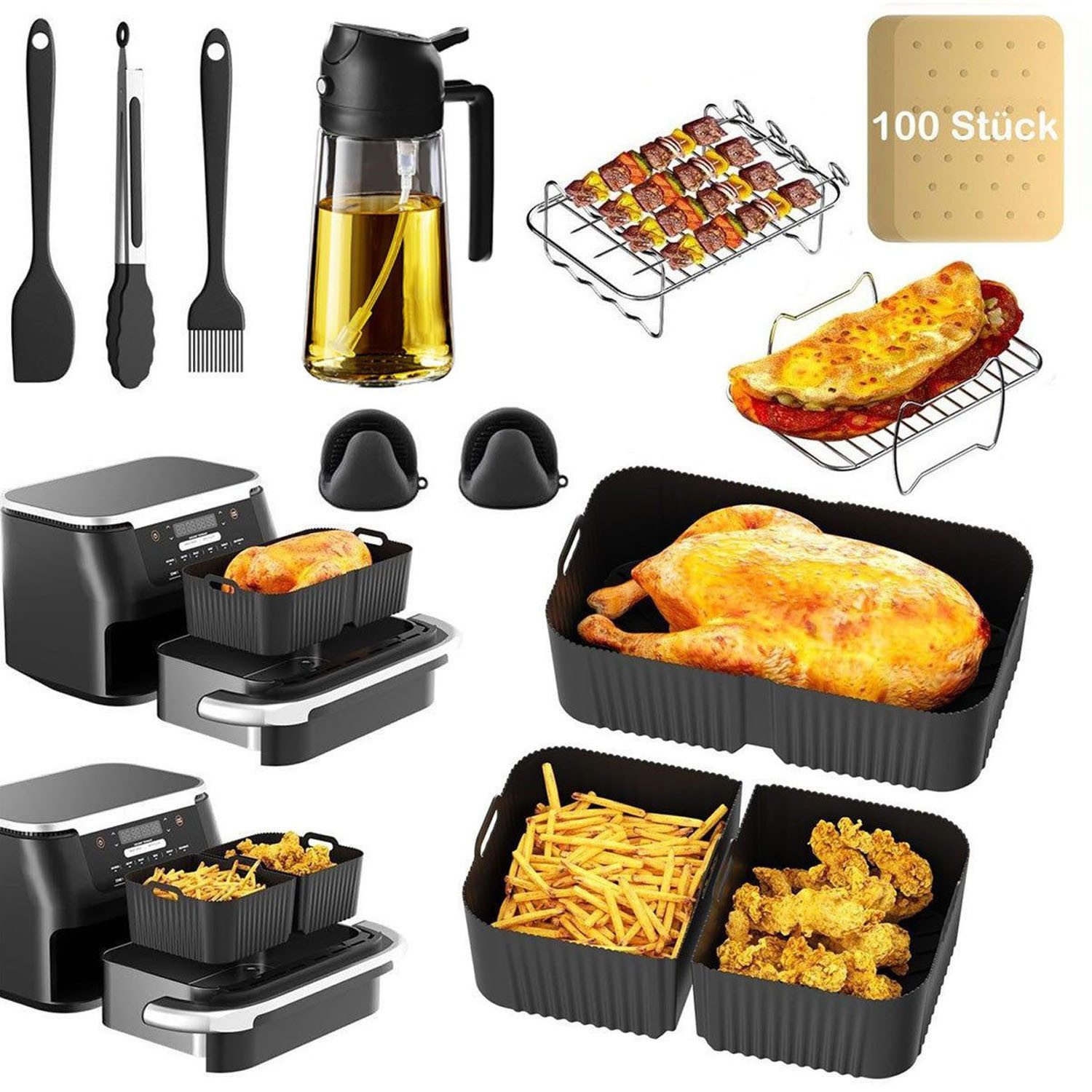SURFOU Backform Heißluftfritteuse zubehör für Ninja Airfryer AF500EU 15-tlg BPA-frei, (Airfryer Zubehör Set für Ninja Foodi AF500EU& AF500EUCP, ninja foodi flexdrawer 10,4L,COSORI TwinFry 10L – 3 Silikonmatten & 12-teiliges Set, 10,4L, 5,2L, hitzebeständig bis 230 °C, Schnell zubereitet, gesund, fettarm, 304Edelstahl, Lebensmittelechtes Silikon 16-tlg), für Grillgerichte, Brathähnchen, Pommes Frites, Kuchen, Snacks