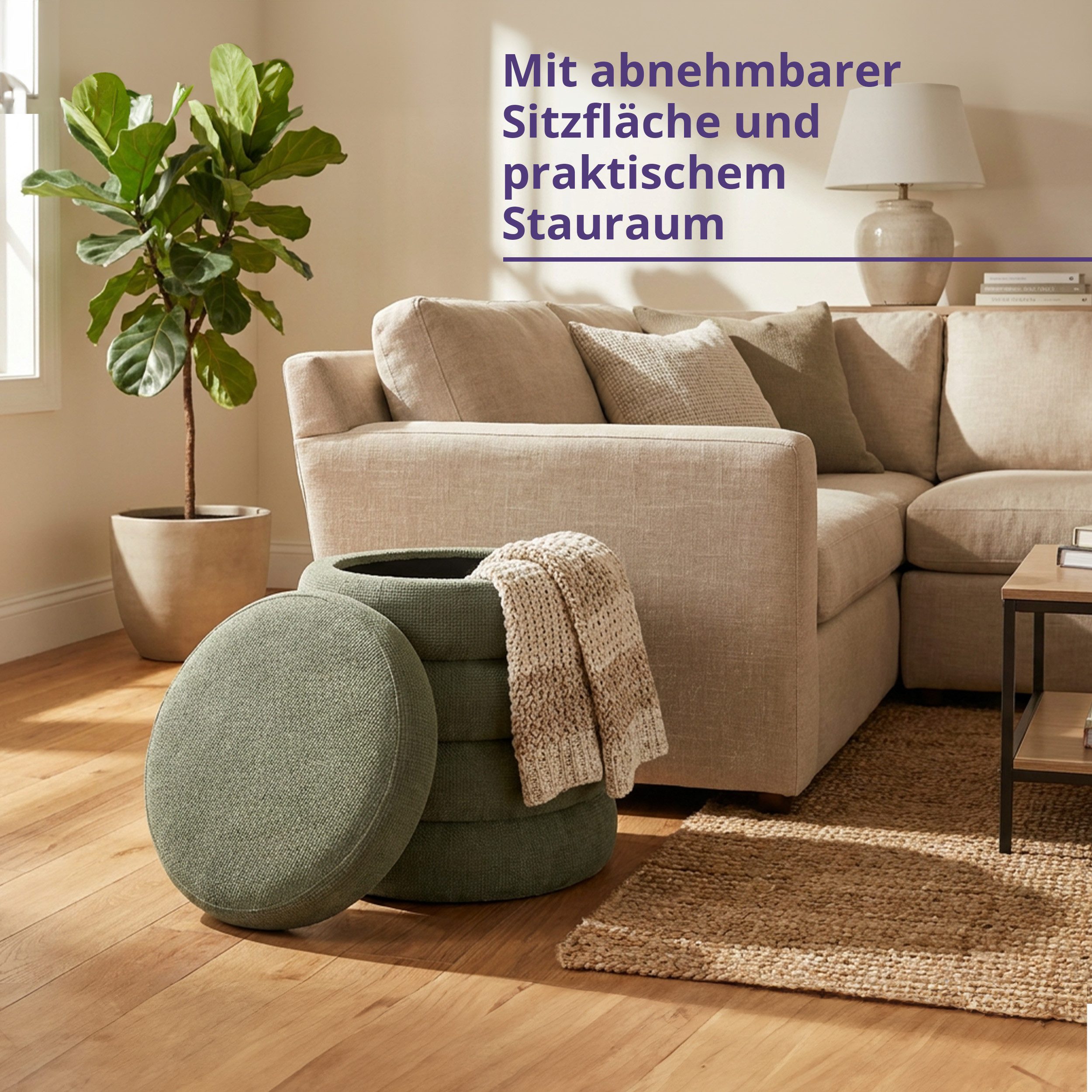 KHG Polsterhocker Sitzhocker mit Stauraum 43 x 43 cm, Webstoff Grün (Indoor-Hocker), Sitzfläche abnehmbar, Hocker mit Stauraum, bis 110 kg belastbar – Bild 3 von 5