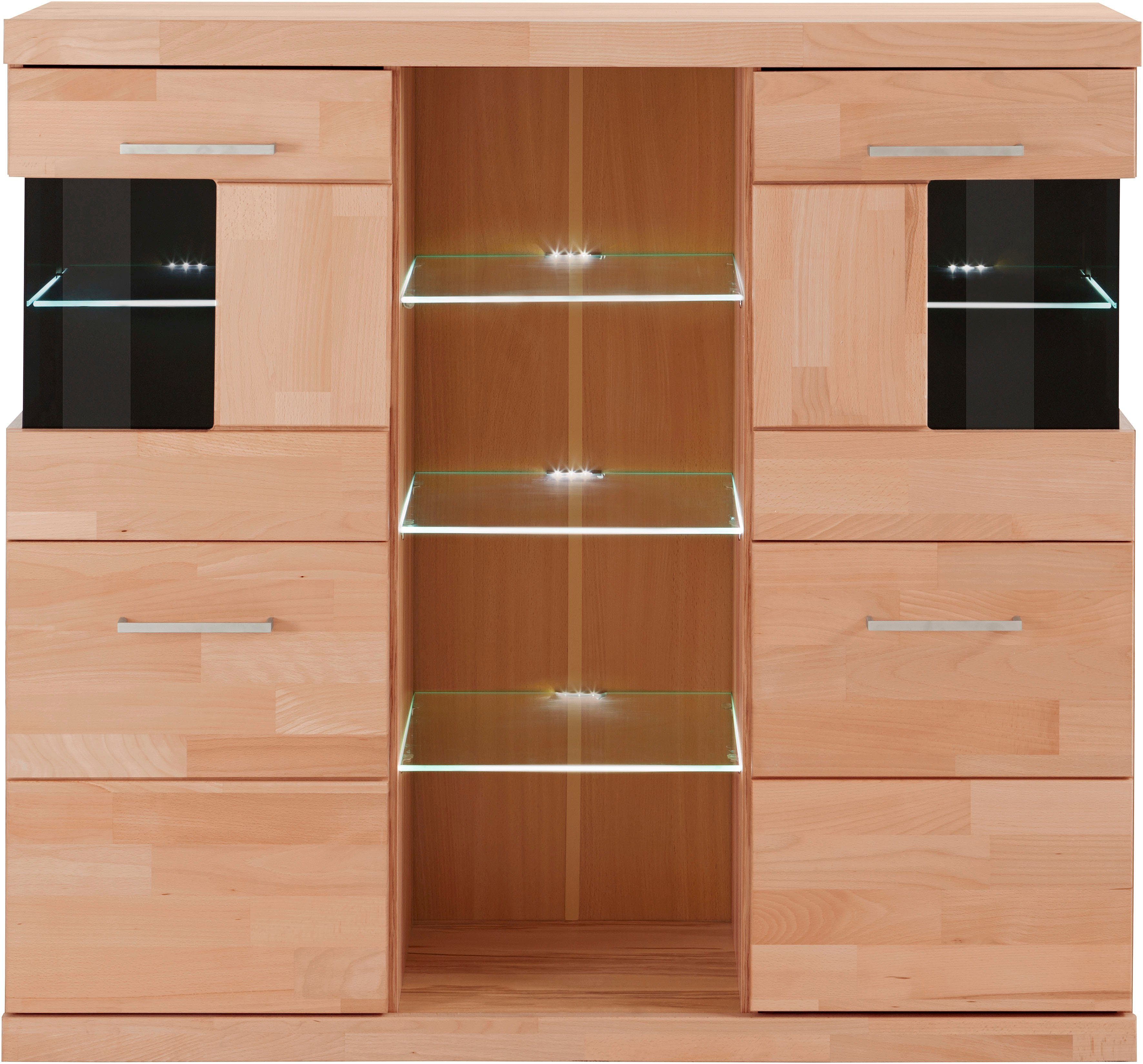 OTTO home Highboard Ribe,120cm breit,112cm hoch,Oberplatte massiv,12 Fächer, Holz massiv, Holzwerkstoff, Metall Griffe,2Türen mit Glaseinsatz