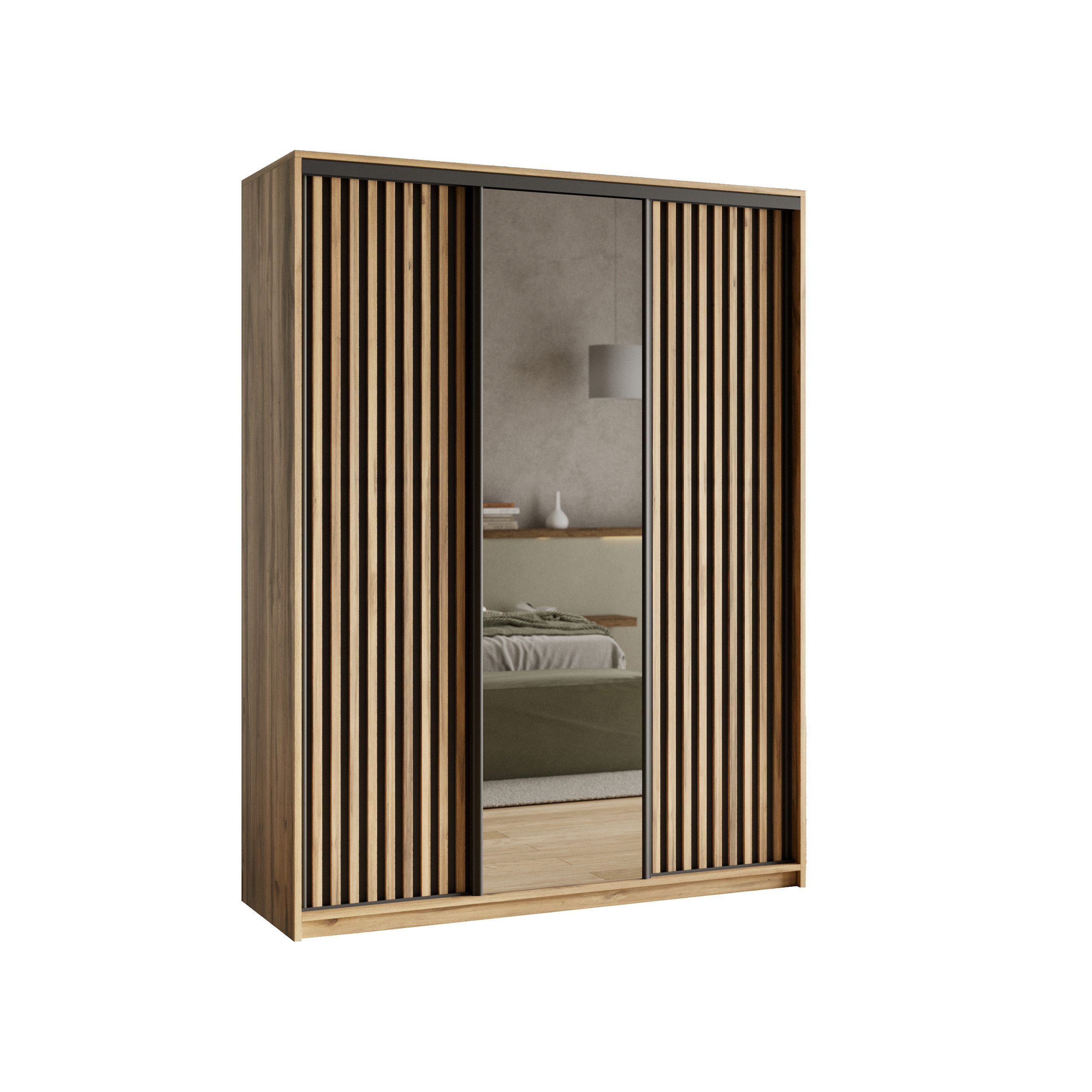 Masseno Schwebetürenschrank ORRA 150 cm Kleiderschrank mit Spiegel 3 Türen Schwarz