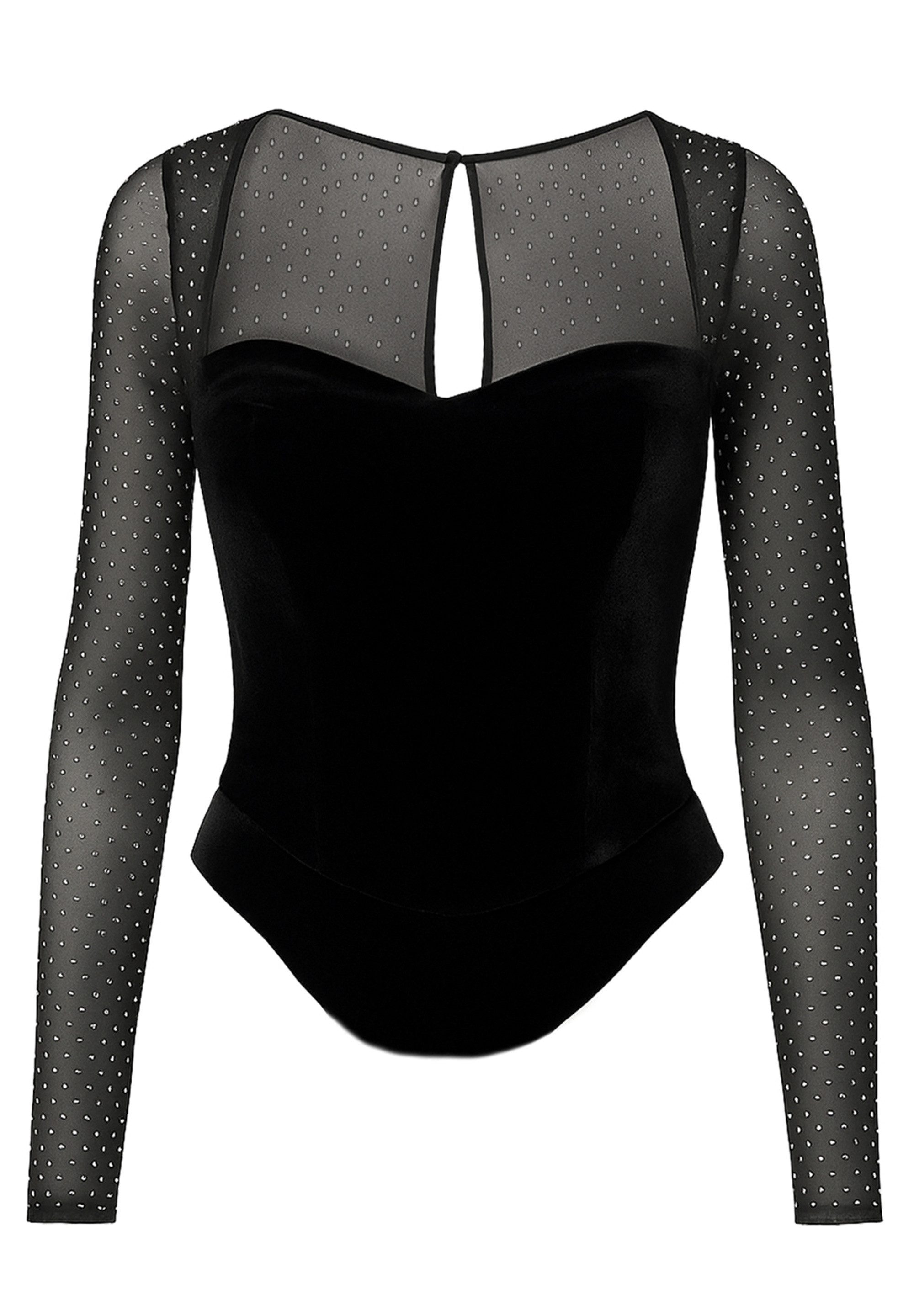 Goddiva Langarmbluse Diamante Long Sleeve Velvet Dipped Hem Top Mesh sleeve günstig online kaufen