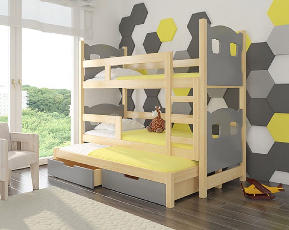 Feldmann-Wohnen Hochbett LETICIA (Etagenbett mit 3 Schlafgelegenheiten) Farbe wählbar Kiefer Natur / Absetzungen: grau