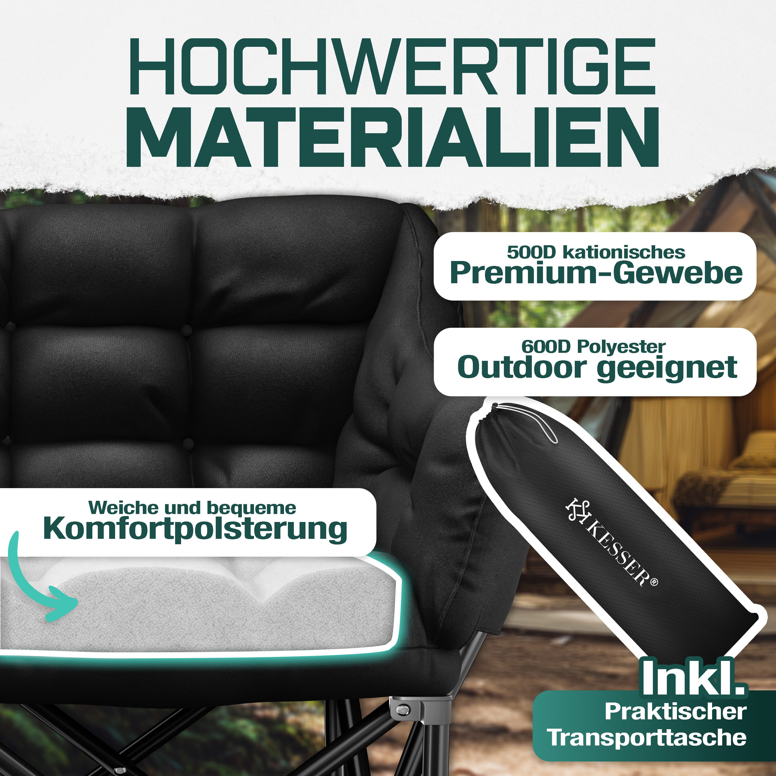 KESSER Campingstuhl für 2 Personen Campingsofa faltbar 300 kg Duo breit & gepolstert, Indoor & Outdoor Campingcouch mit Seitentaschen & Tasche