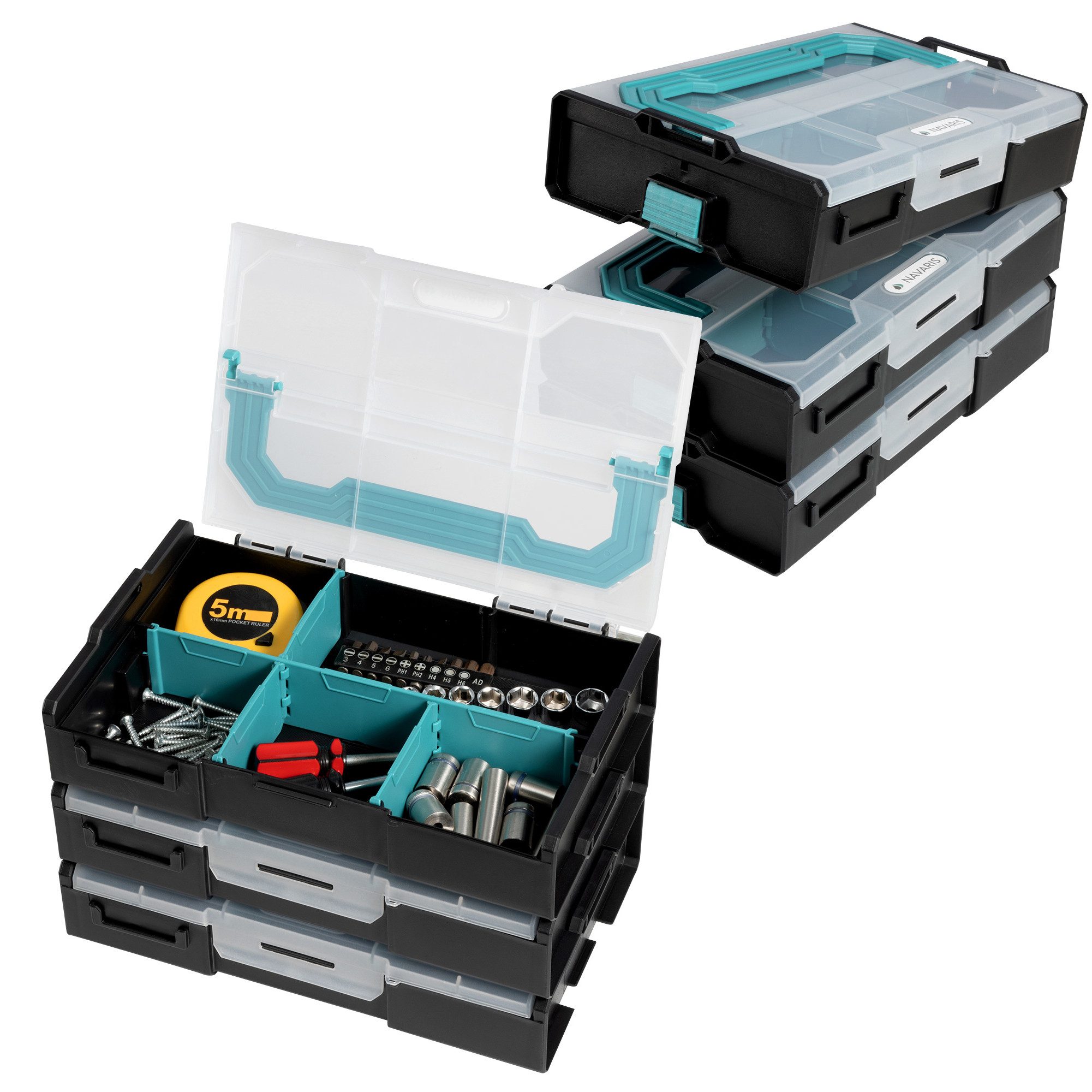 Navaris Werkzeugbox Менюskasten mit Trennwänden - Werkzeug und Schrauben Хранилища (3 St), Sortierbox für Kleinteile - 3x Organizer mit 6 Fächern