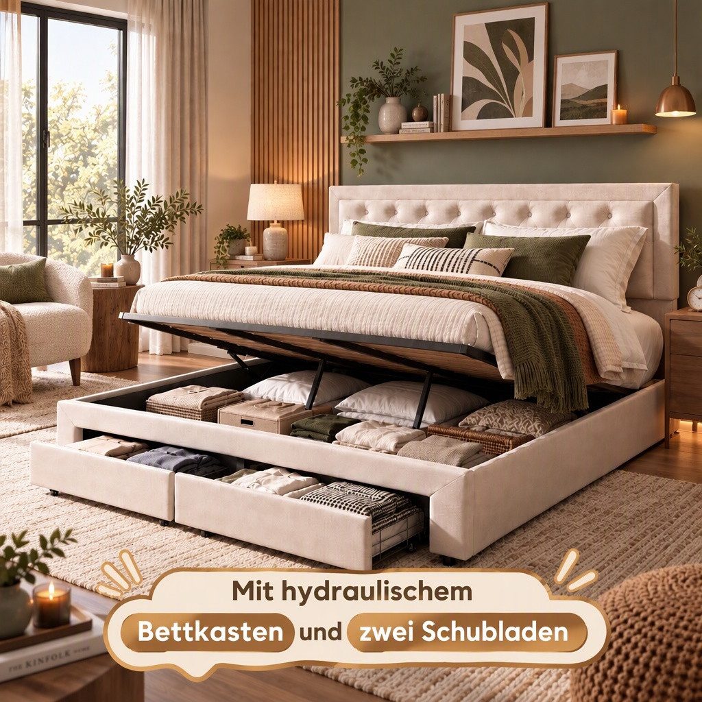 Furnishings Home Polsterbett 180 x 200 Doppelbett LED Hydraulisch anhebbarer Stauraumbett (Mit Lattenrost, Samtmaterial Polsterbett), Modernes Jugendbett, Leises Design Bett, Max. Belastbarkeit 350 kg