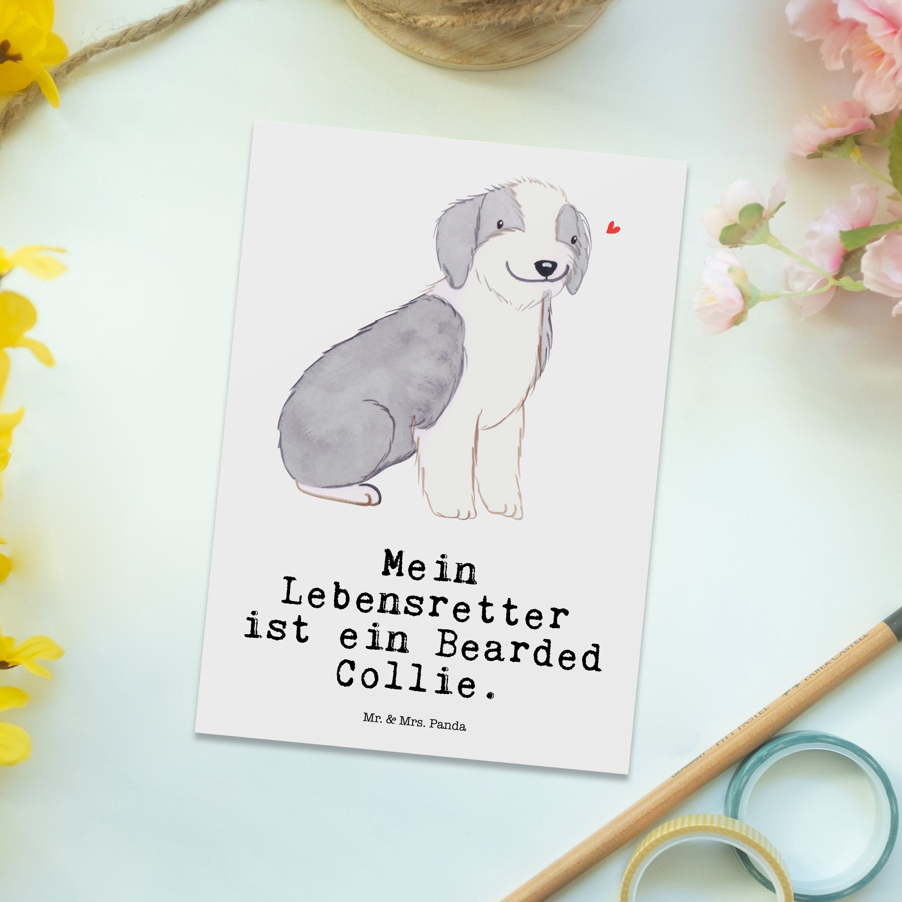 Postkarte Geschenk, Weiß Grußkarte, Mrs. - Geburtstags Mr. Collie - Bearded & Lebensretter Panda