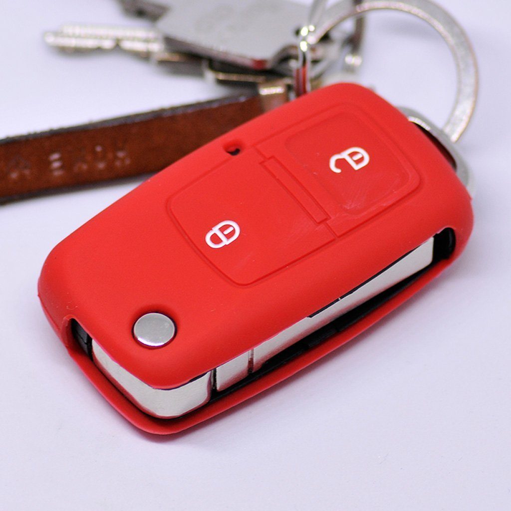 mt-key Schlüsseltasche Autoschlüssel Softcase Silikon Schutzhülle Rot, für VW Golf Polo Fox EOS Jetta SEAT Skoda bis 2009 2 Tasten Schlüssel