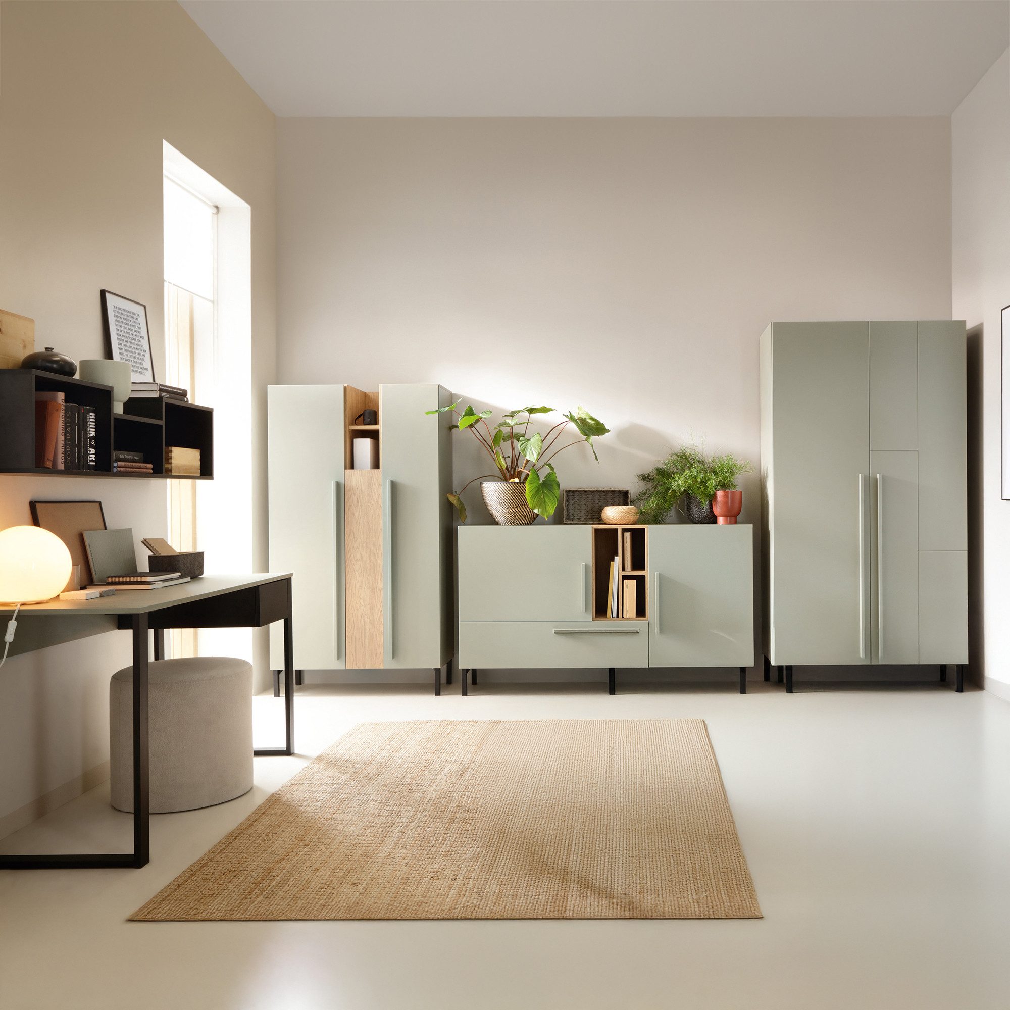 Lomadox Jugendzimmer-Set SCHAKI-133, (Sparset, 5-tlg., Hochschrank Kommode Bücherregal Kleiderschrank Schreibtisch), in Grün mit Eiche dunkel Schwarz