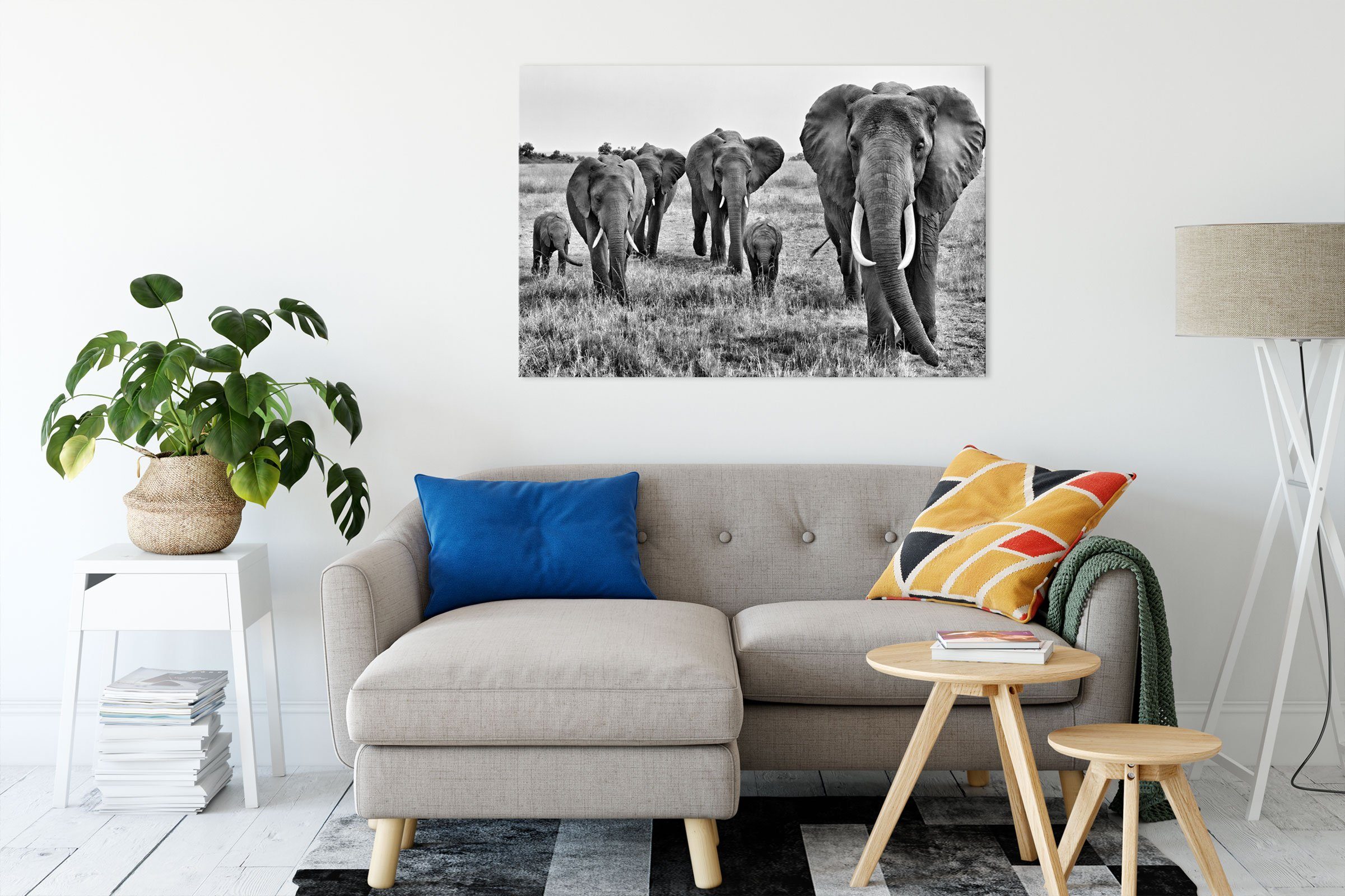 wandernde St), wandernde (1 Zackenaufhänger Elefantenhorde, inkl. fertig bespannt, große Elefantenhorde große Pixxprint Leinwandbild Leinwandbild