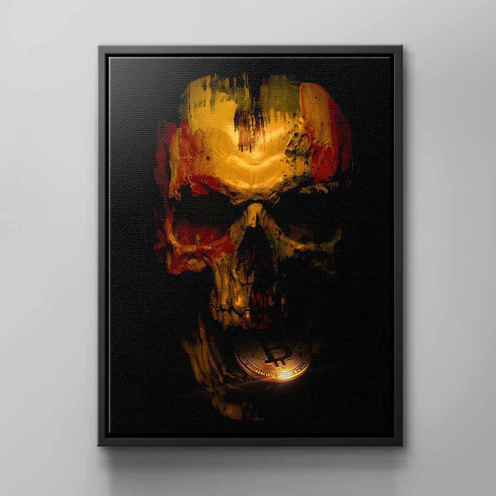 DOTCOMCANVAS® Leinwandbild Bitcoin Skull, Wandbild Bitcoin-Krypto Totenkopf Mund schwarz gelb gold rot grun Bi schwarzer Rahmen