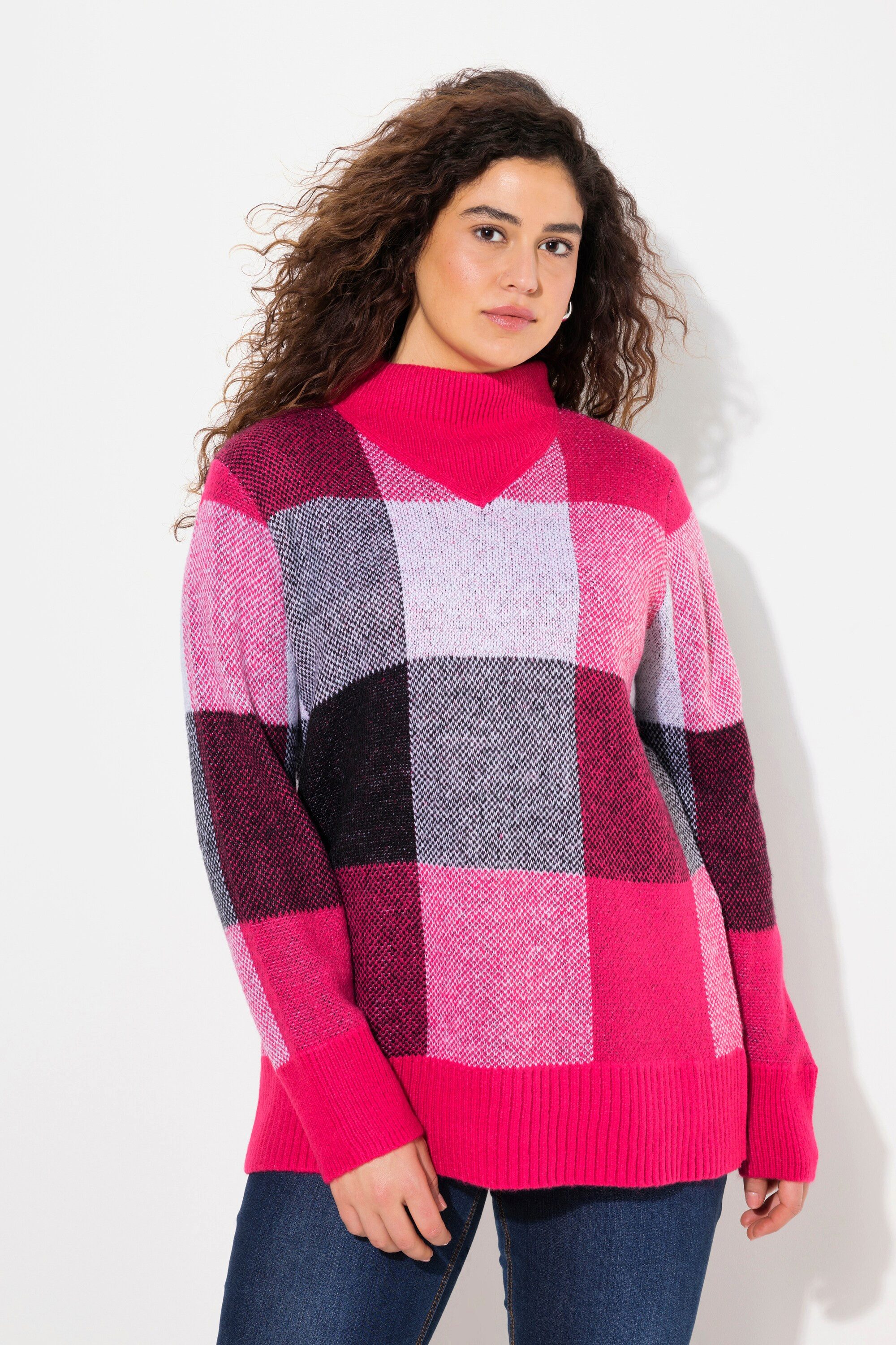 Ulla Popken Strickpullover Pullover Karomuster Stehkragen günstig online kaufen