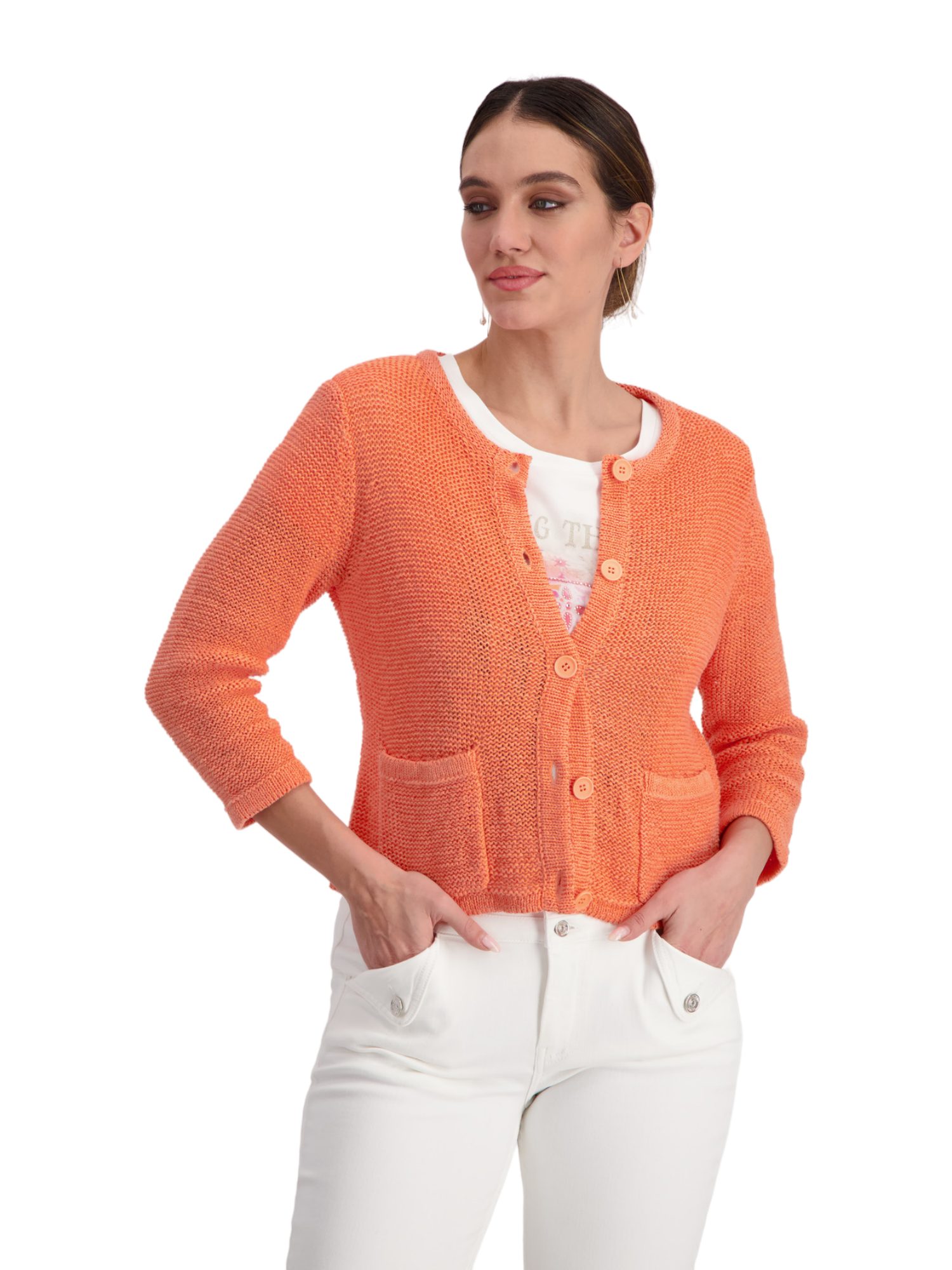 Monari Strickjacke orange,Casual,Baumwolle,Unifarben,Rundhals,Lang,Regular Fit