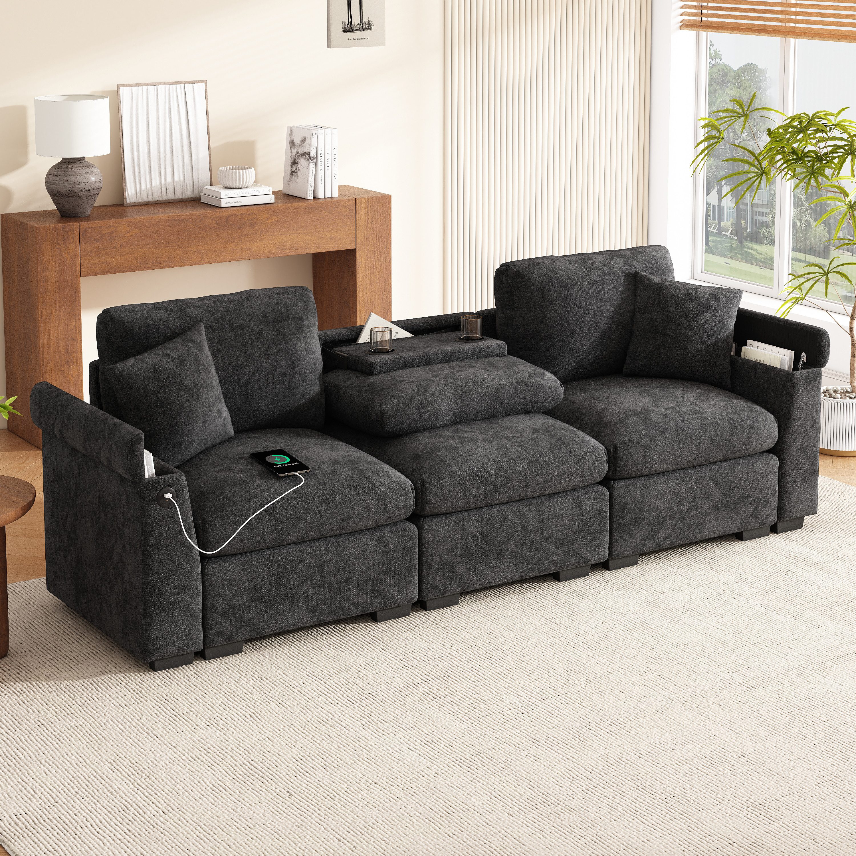 Merax 3-Sitzer Sofa aus weichem Chenille, Multifunktionssofa mit USB-Anschluss, für Wohnzimmer, Büro und Heimkino 1 Teile, XXL Sofa mit klappbarer Rückenlehne, Getränkehalter & Stauraum