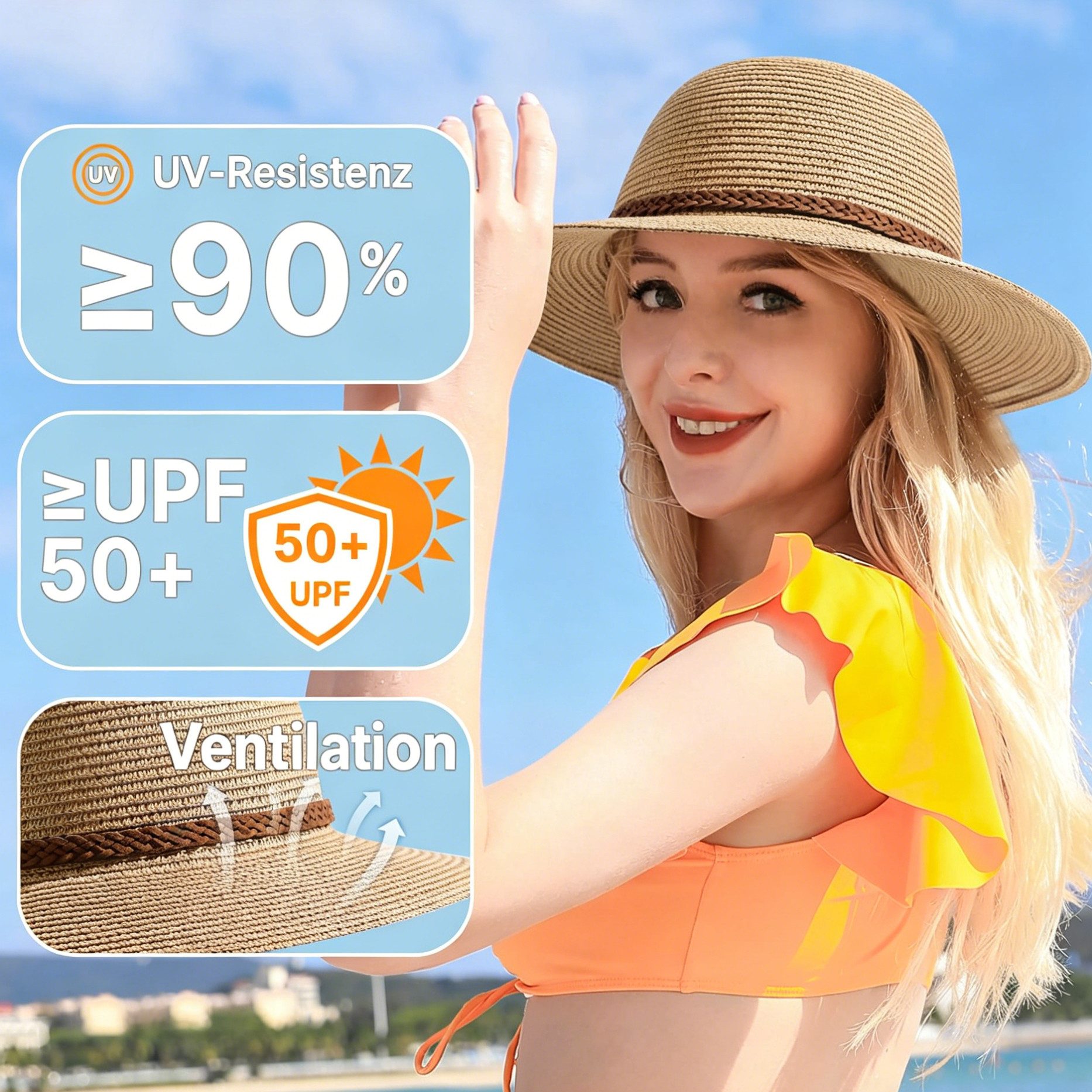 Zaewry Sonnenhut Damen-Strohhut für den Strand, breitkrempiger Sommerhut für Damen faltbarer Damen-Sonnenhut mit UV-Schutz