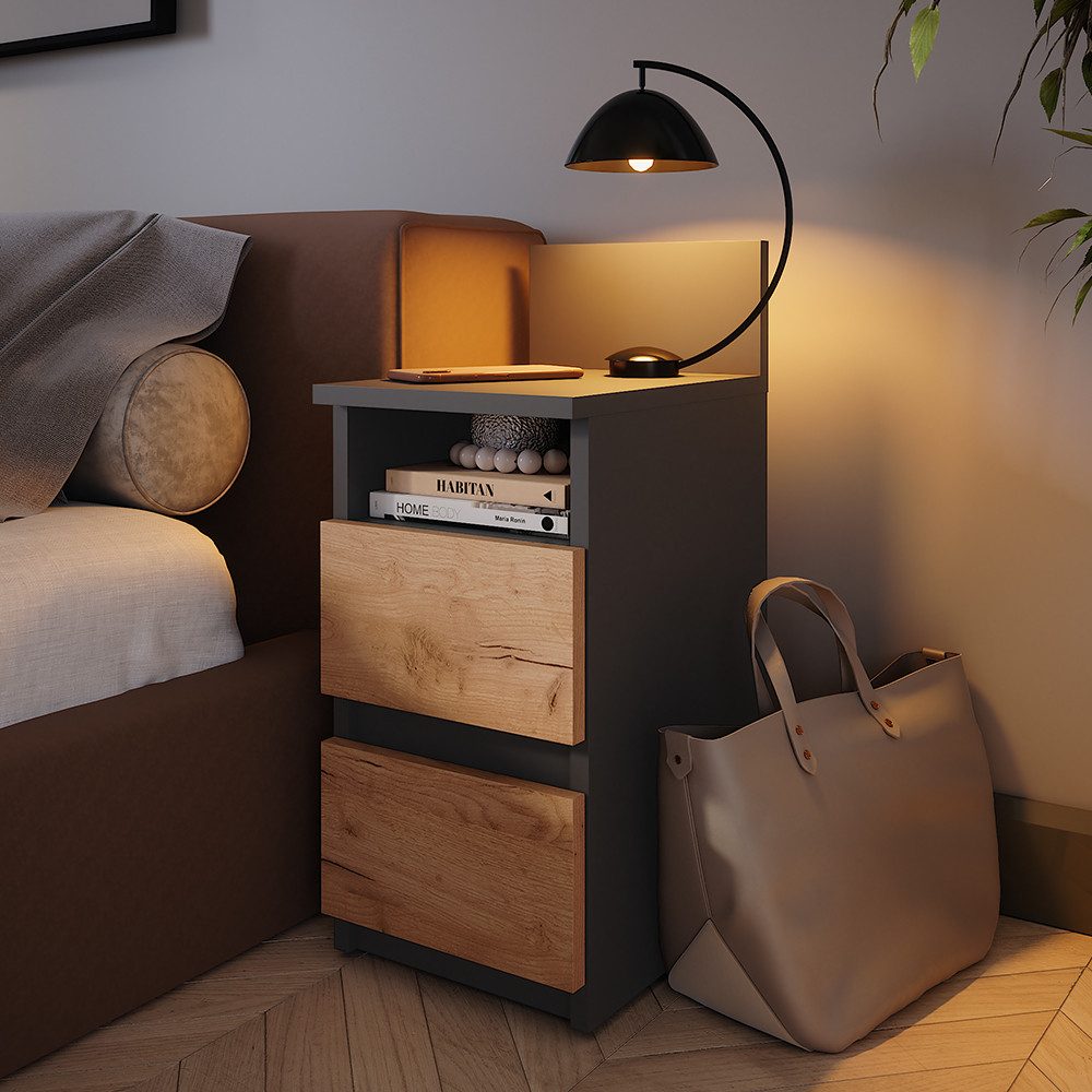 Vicco Nachtschrank Monty, Anthrazit/Goldkraft Eiche, 25 x 59.1 cm mit 2 Sch günstig online kaufen