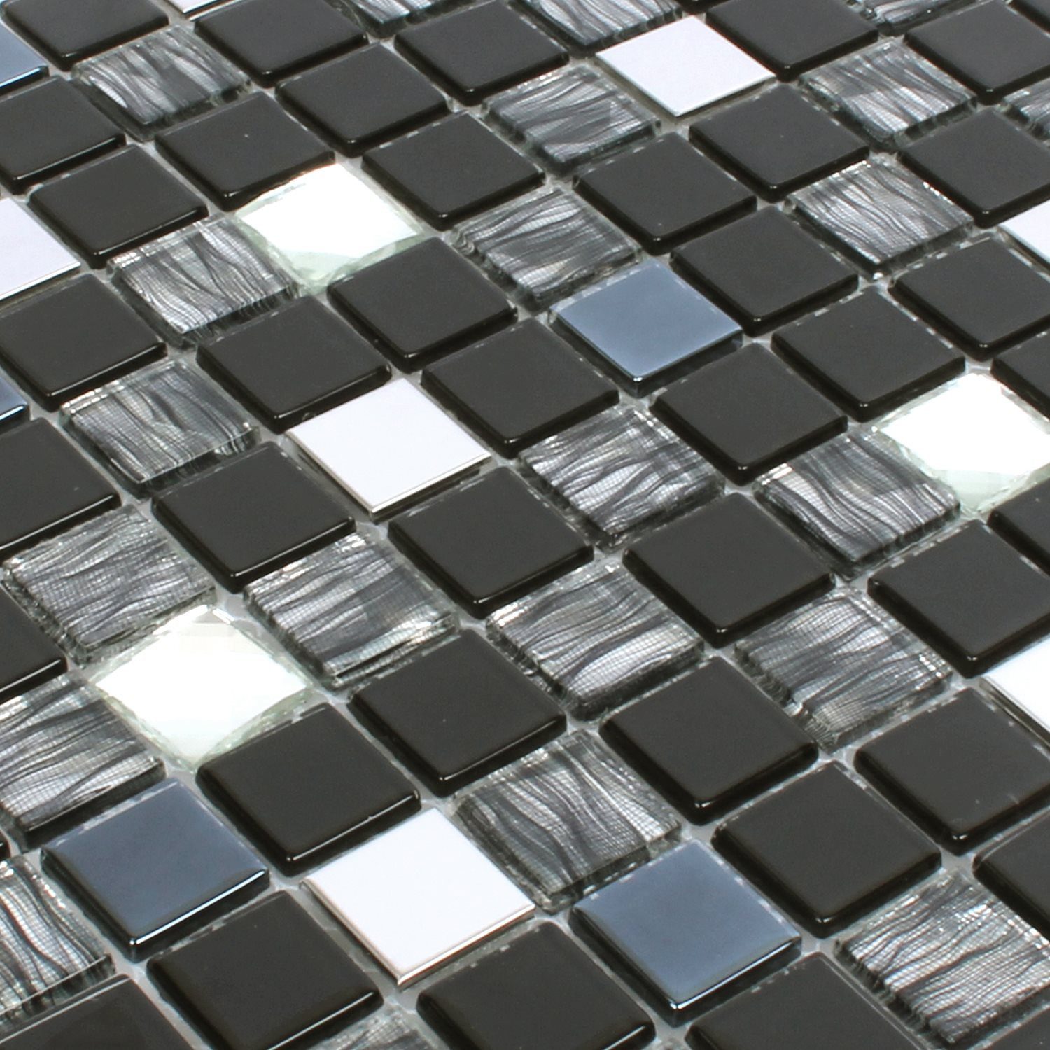 Mosafil Mosaikfliesen Mosaikfliesen Malaya Schwarz Silber Quadrat, Glas-Edelstahl 30.000x30.000, schwarz-grau-silber, Verlegefertig auf ein Netz geklebt - Wasserfest