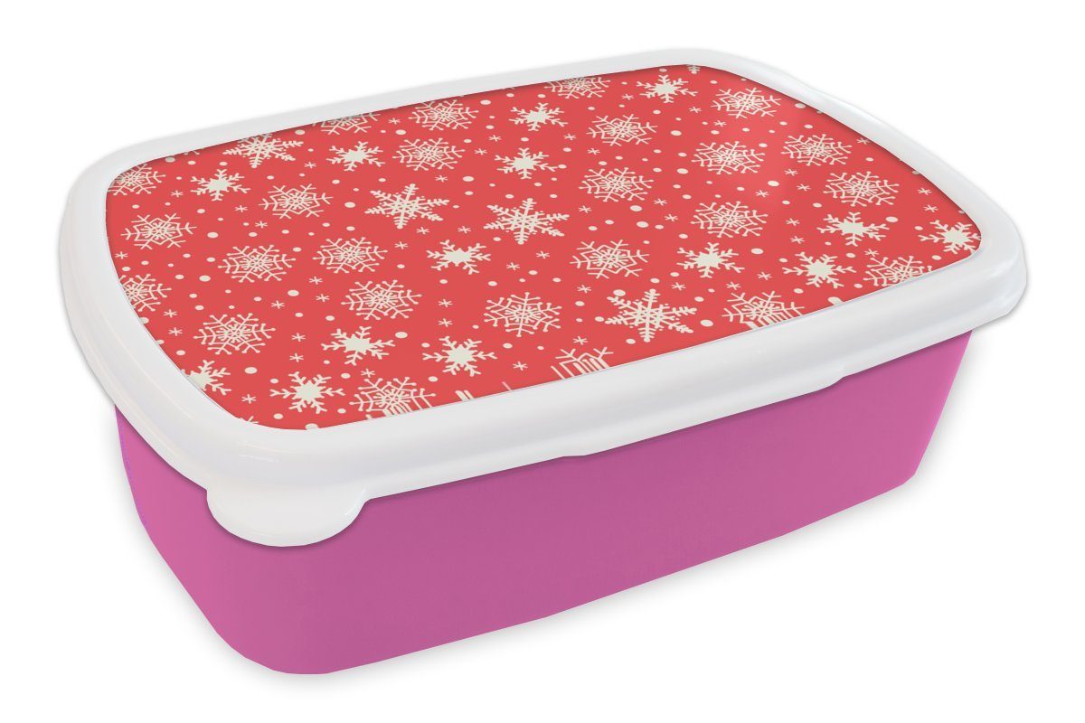 MuchoWow Lunchbox Muster - Schneeflocke - Weihnachten - Rot - Weiß, Kunststoff, (2-tlg), Brotbox für Erwachsene, Brotdose Kinder, Snackbox, Mädchen, Kunststoff rosa