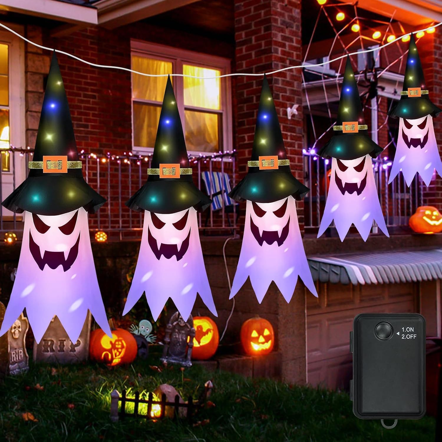 FELIXLEO LED-Dekofigur Halloween Deko Outdoor, 5 Hänge-Geisterhüte mit LED-Lichterkette (1 St)
